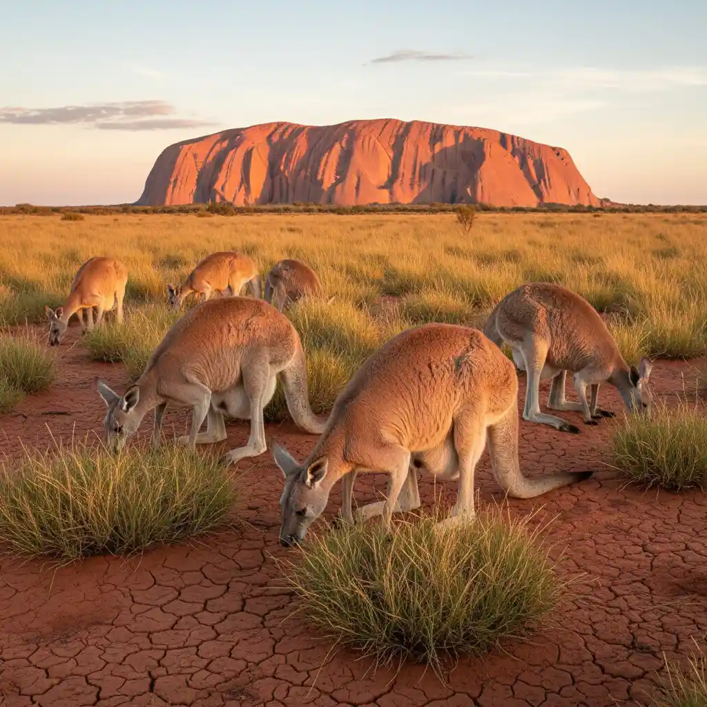 Kängurus grasen im sonnenbeschienenen australischen Outback nahe Uluru