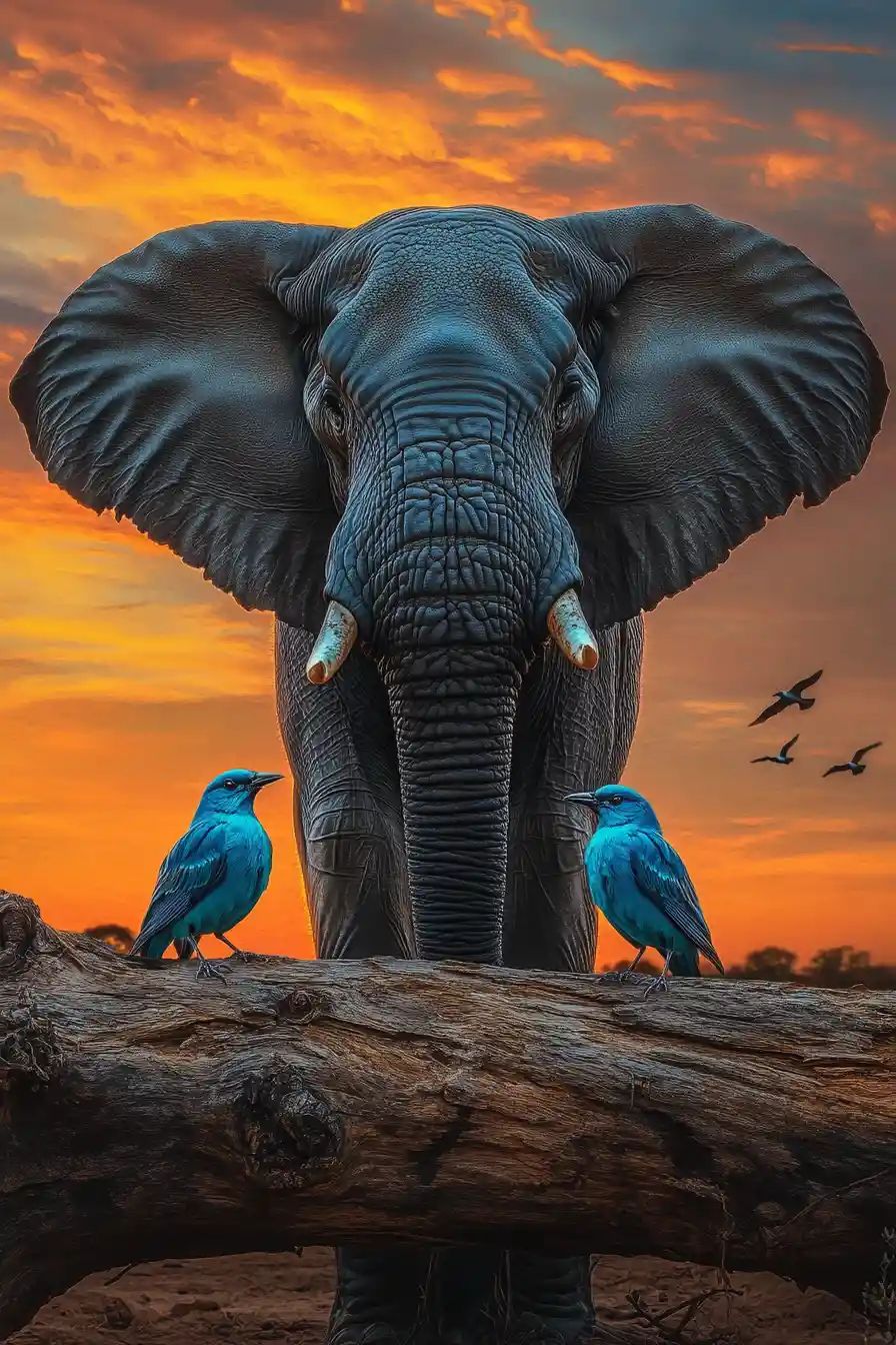 Éléphant d’Afrique et oiseaux bleus sur un tronc à l’heure dorée
