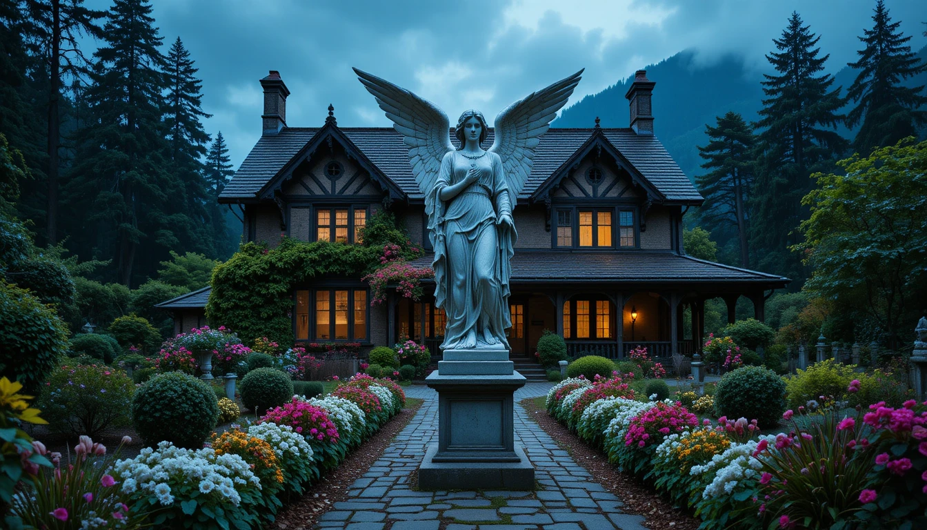 Verzauberndes englisches Cottage mit üppigem Garten in der Abenddämmerung