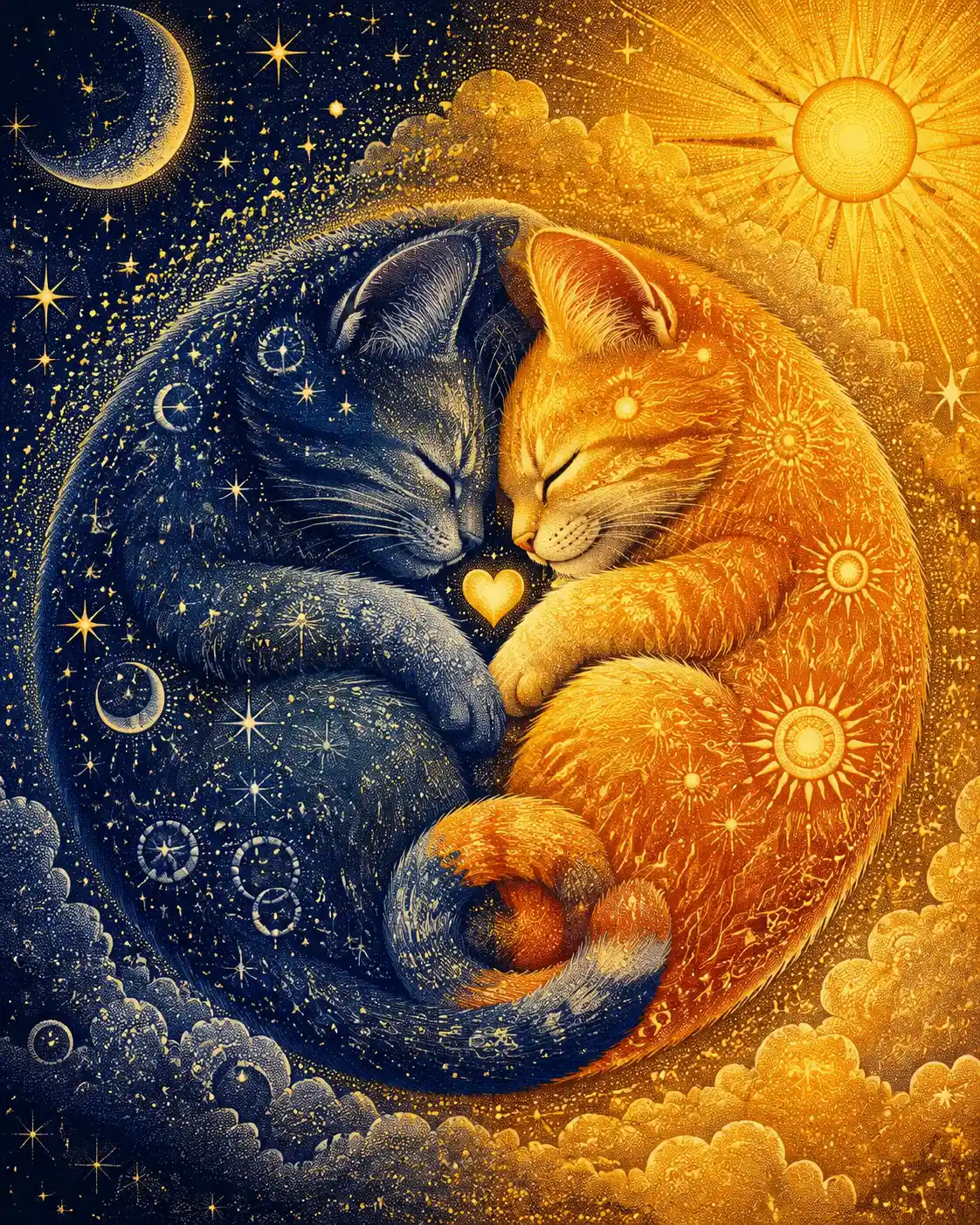 Chatons célestes de la lune et du soleil blottis en cercle lumineux