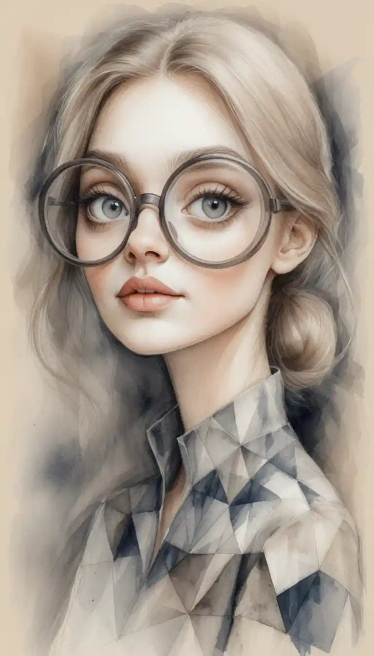 Stylized graphite portrait of a girl with oversized round glasses
