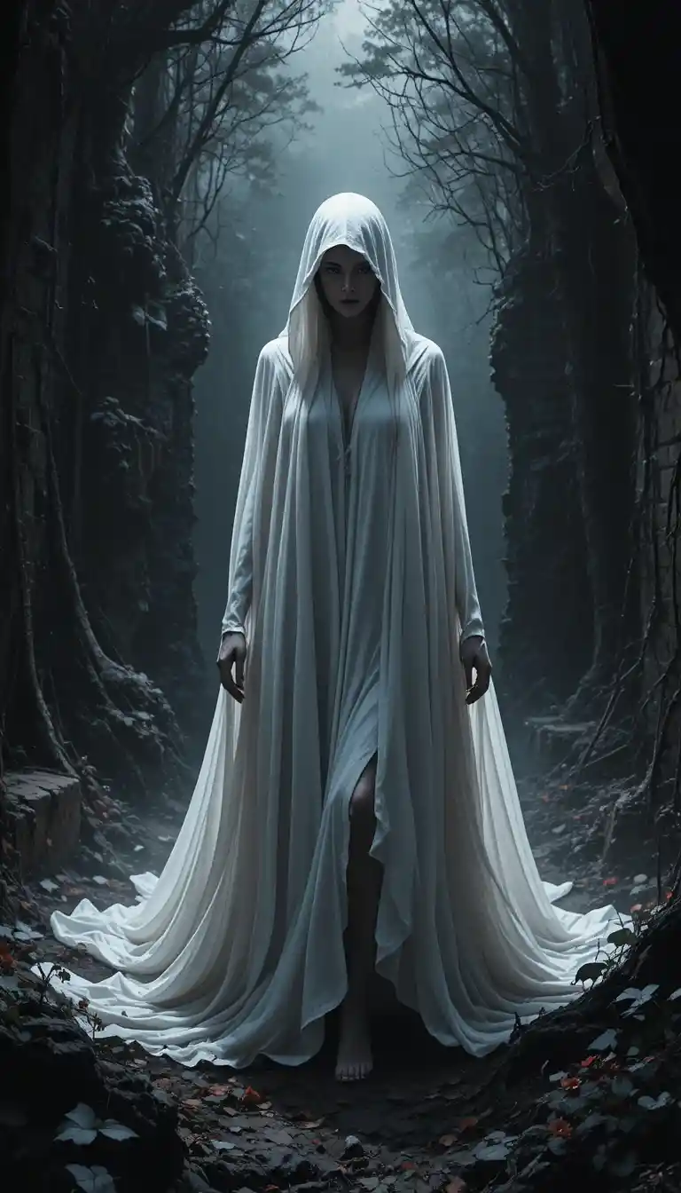 Geheimnisvolle Frau, in Schatten gehüllt, in einem dunklen Wald