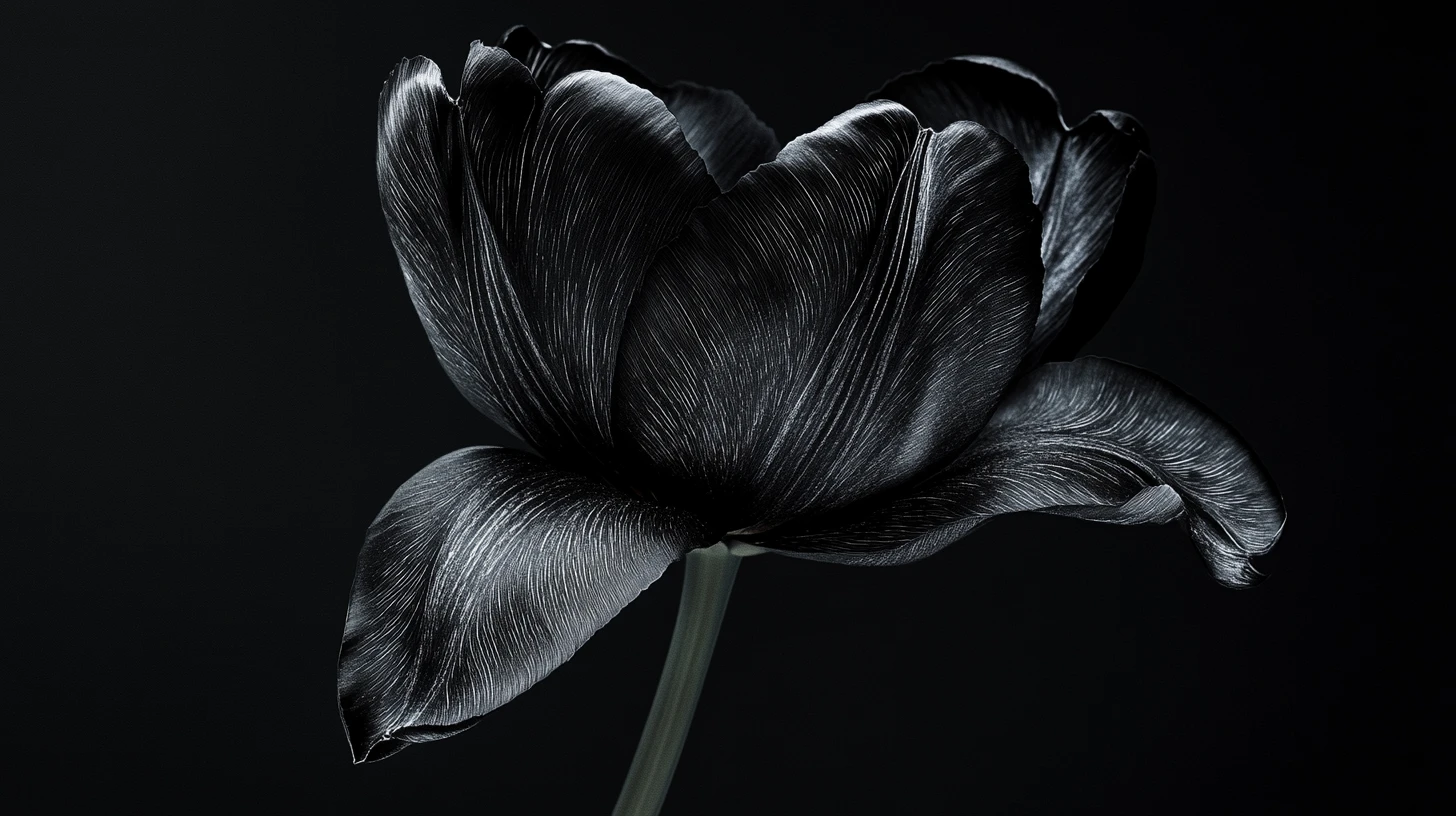 Schwarze Tulpe, die aus der Dunkelheit in surrealer botanischer Szene auftaucht