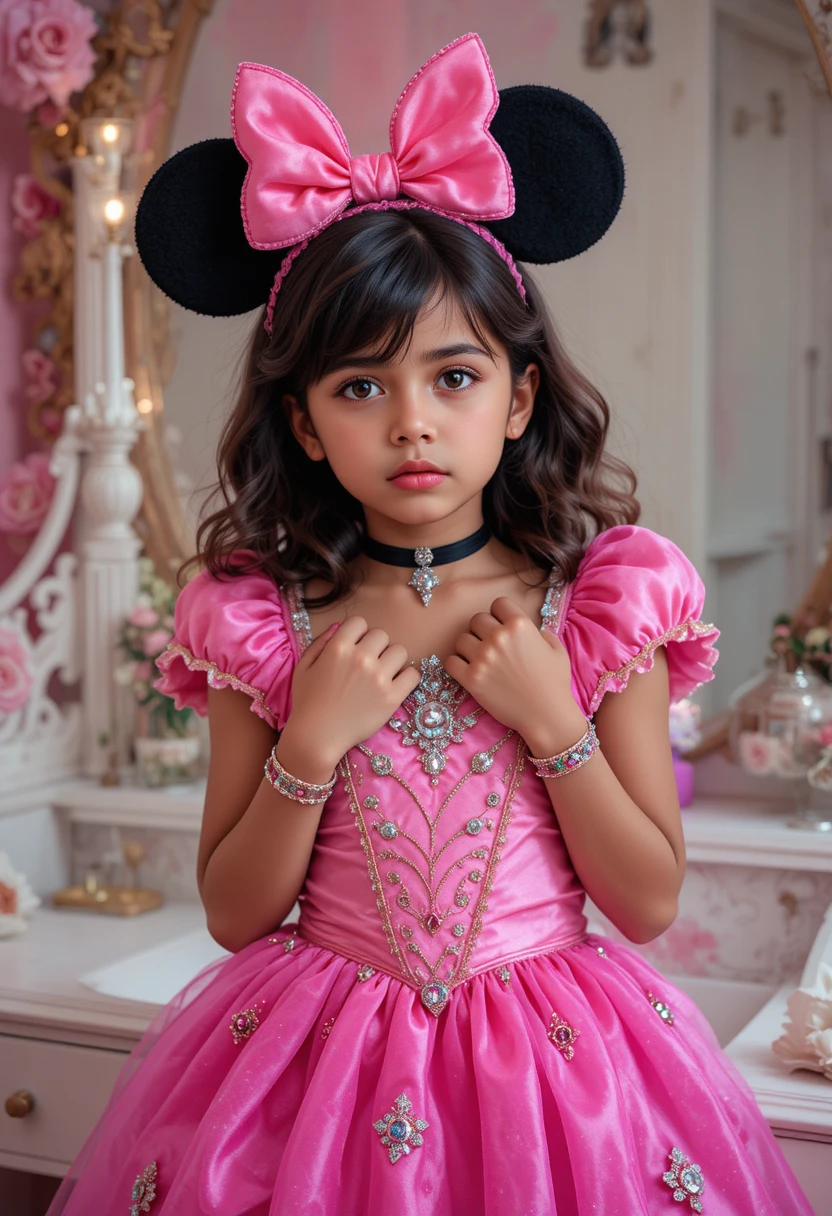 Young boy in princess costume facing the bedroom vanity