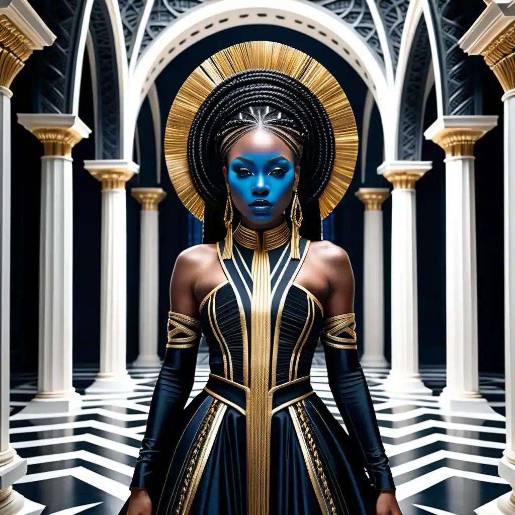 Mulher negra com tranças em forma de catedral e vestido arquitetônico