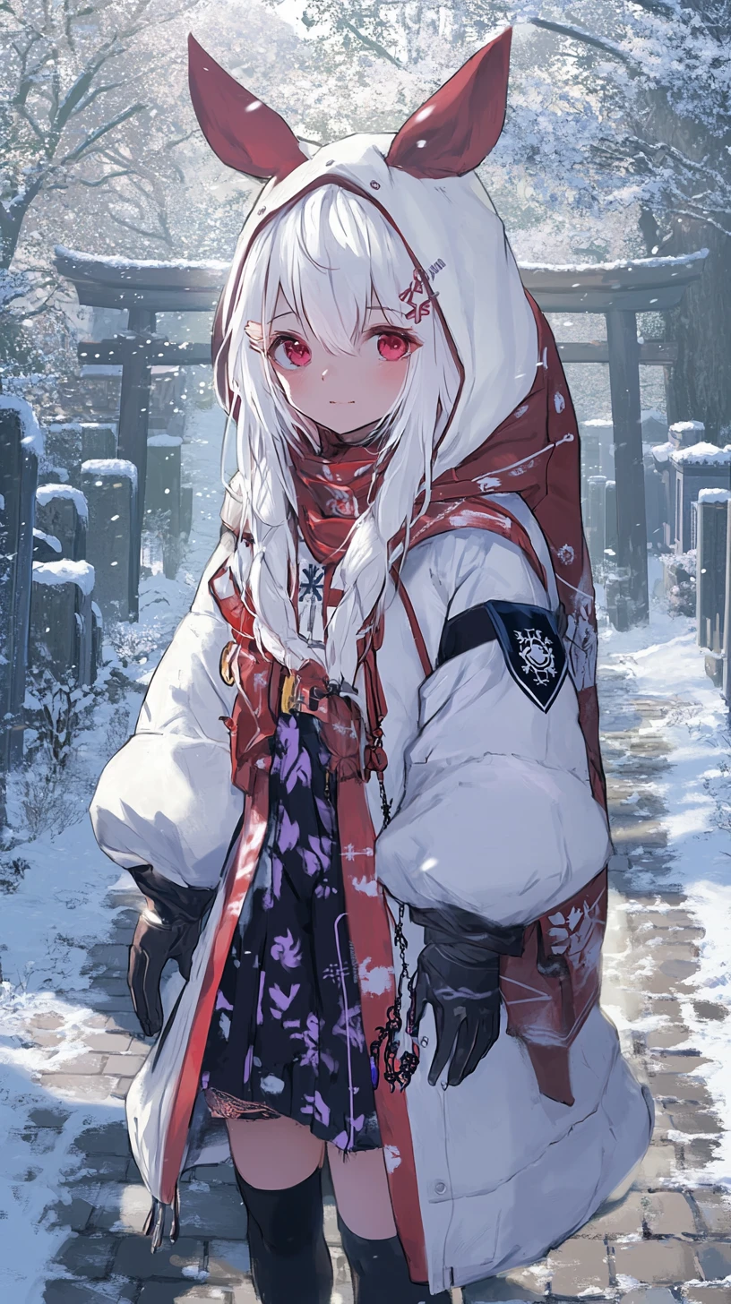 Ragazza anime con lungo cappotto bianco che cammina in un villaggio innevato