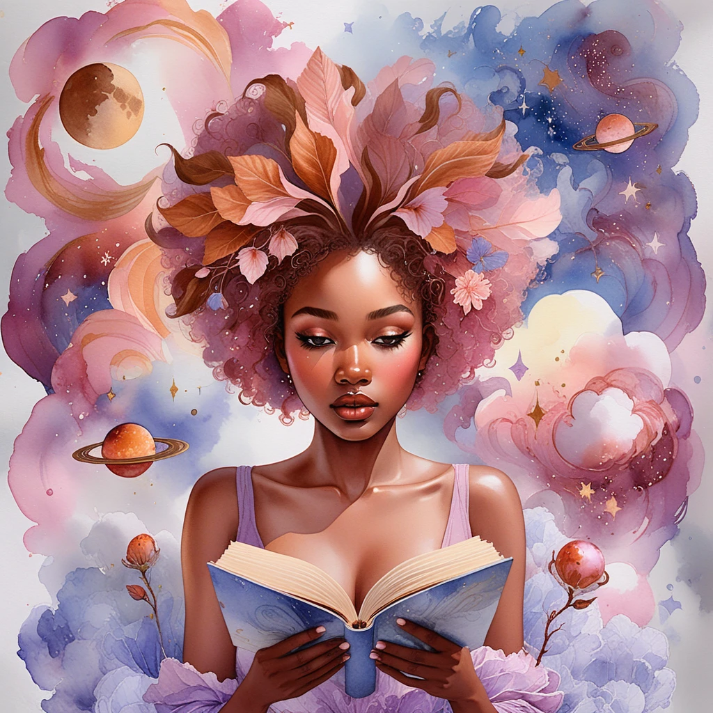 Donna nera curvy che legge con chioma afro cosmica