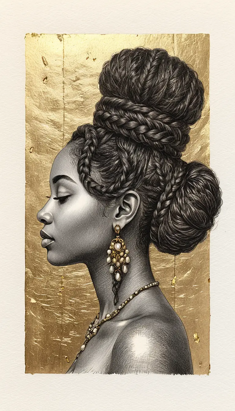 Charcoal profile portrait of a serene black woman with sculptural hair