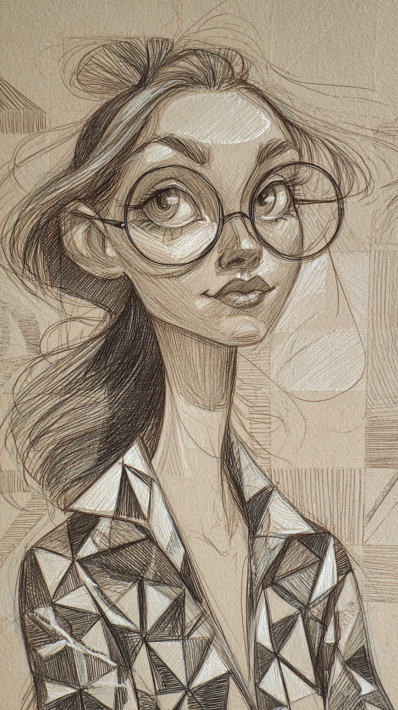 Retrato estilizado em grafite de uma garota com óculos grandes e redondos
