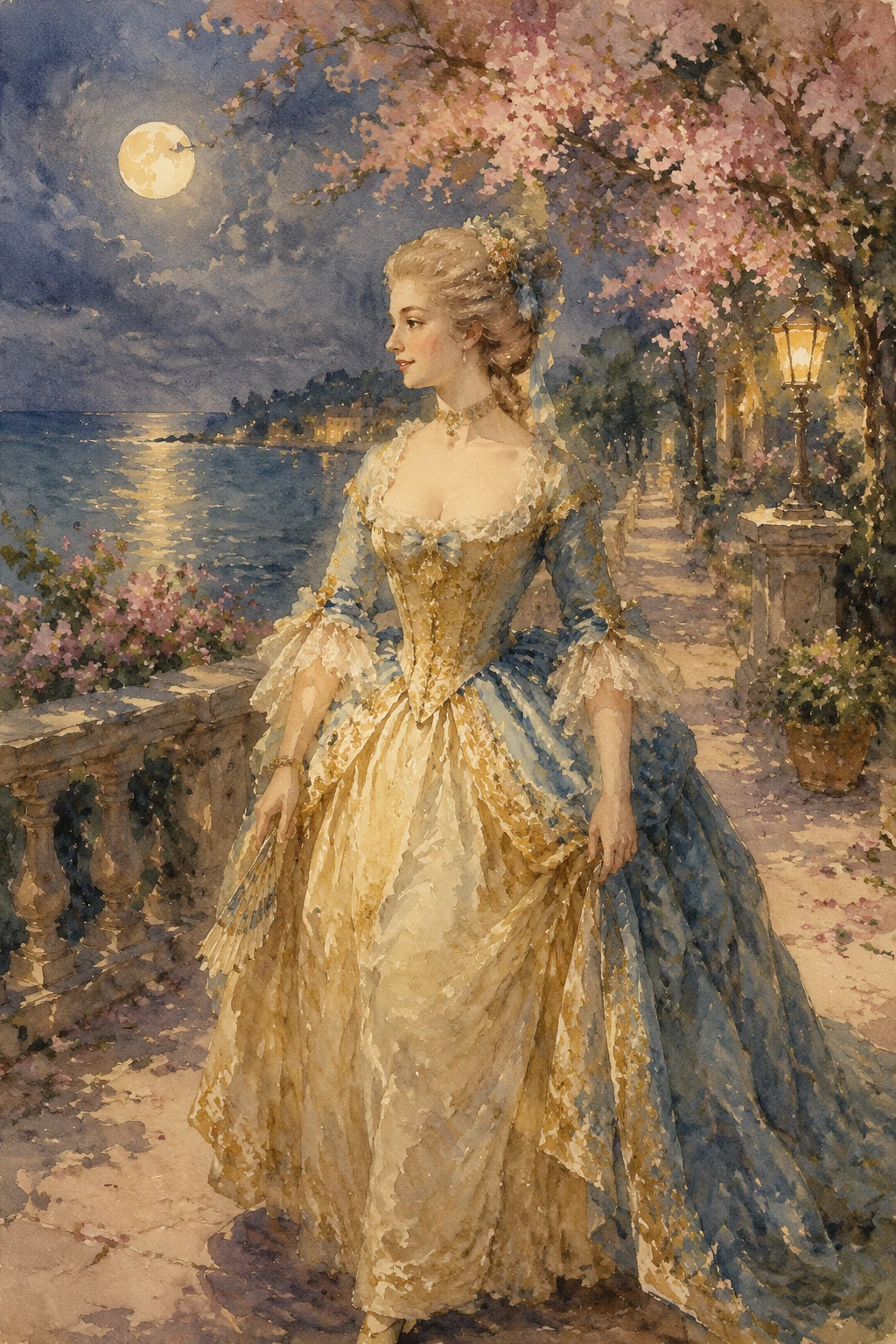Elegante mulher do século XVIII à beira-mar ao luar