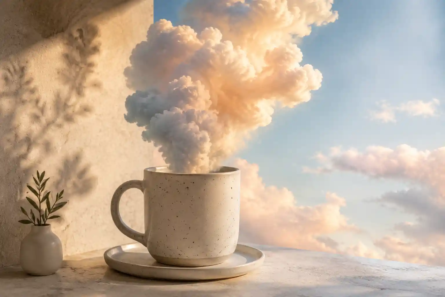 Tasse de café minimaliste avec nuage pastel s’élevant en douceur