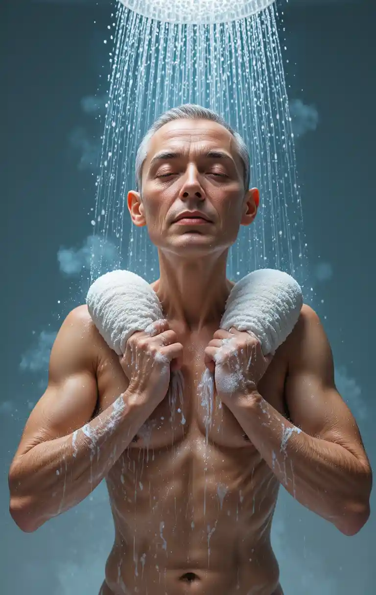Homem tomando banho sob luz natural em um banheiro moderno