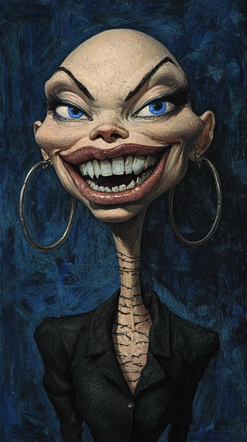 Dark fantasy caricature portrait of a bald woman with long neck