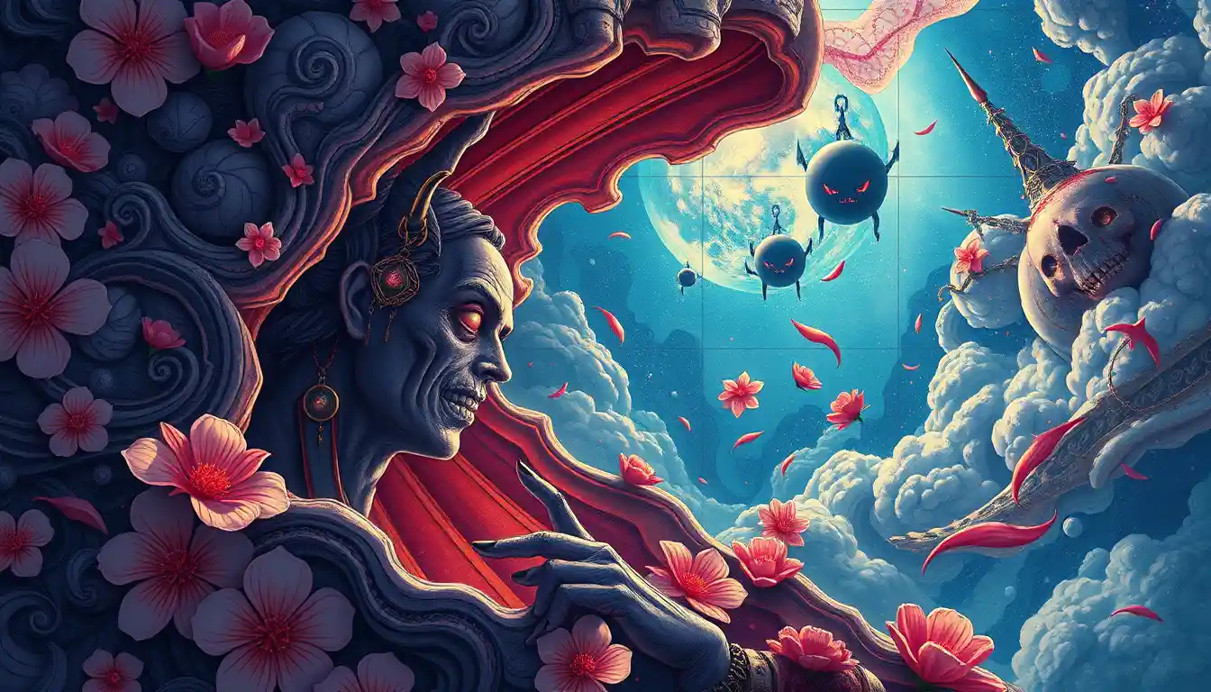 Monde céleste surréaliste mêlant horreur macabre et sensualité