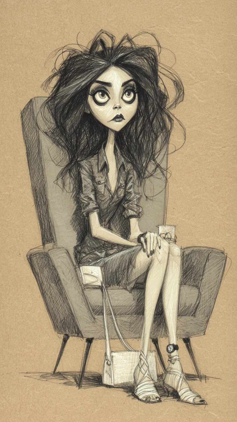Young woman in gray armchair ink illustration