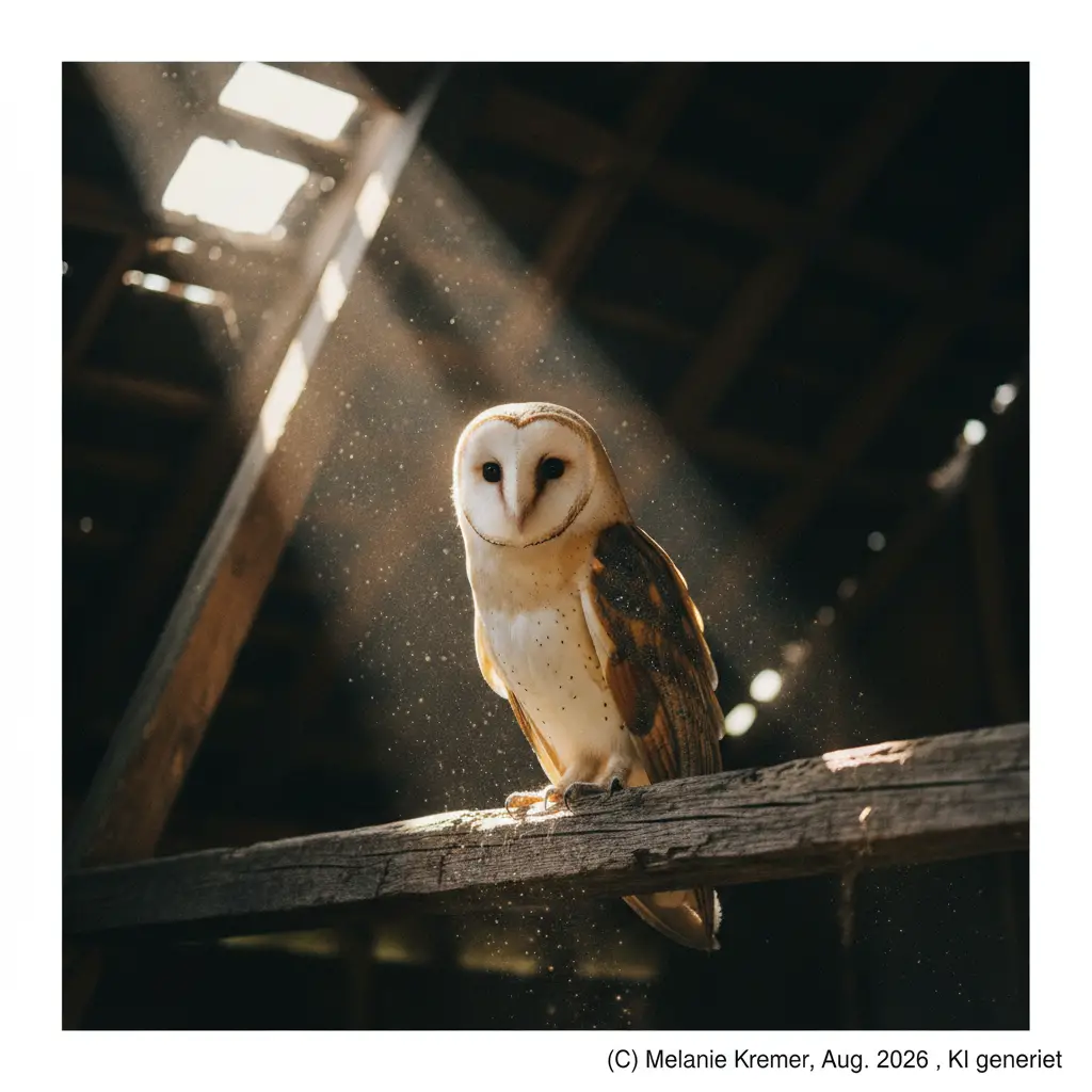 Barn owl resting in shadowy rustic barn interior