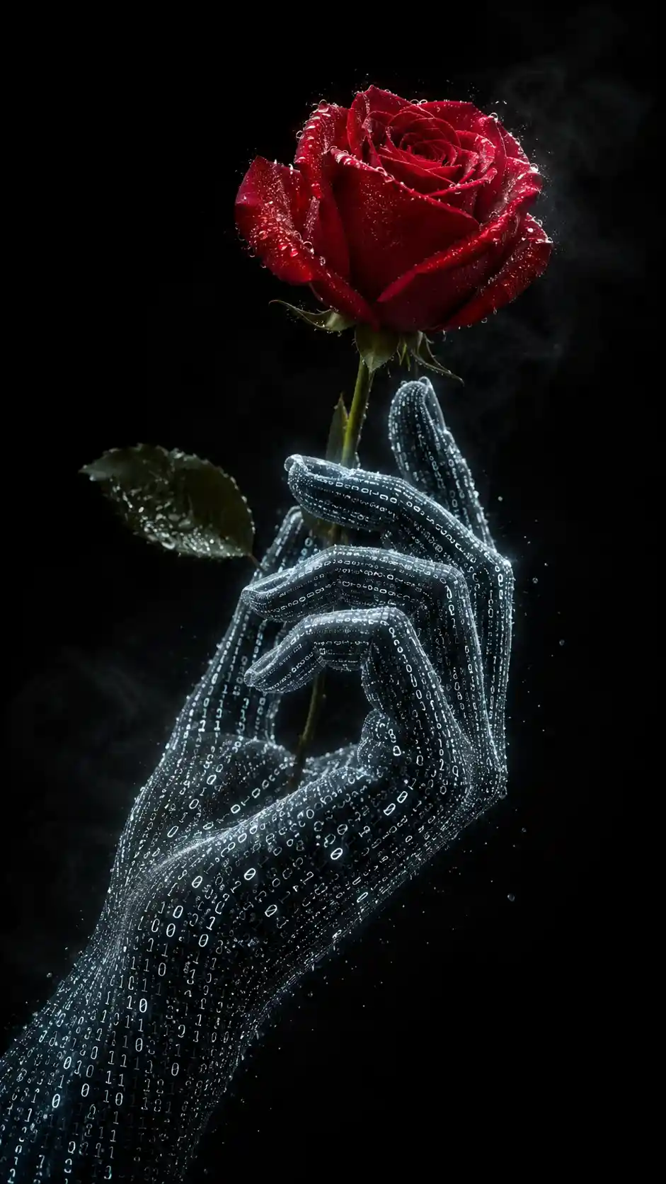 Digitale Menschenhand hält eine taufrische karmesinrote Rose