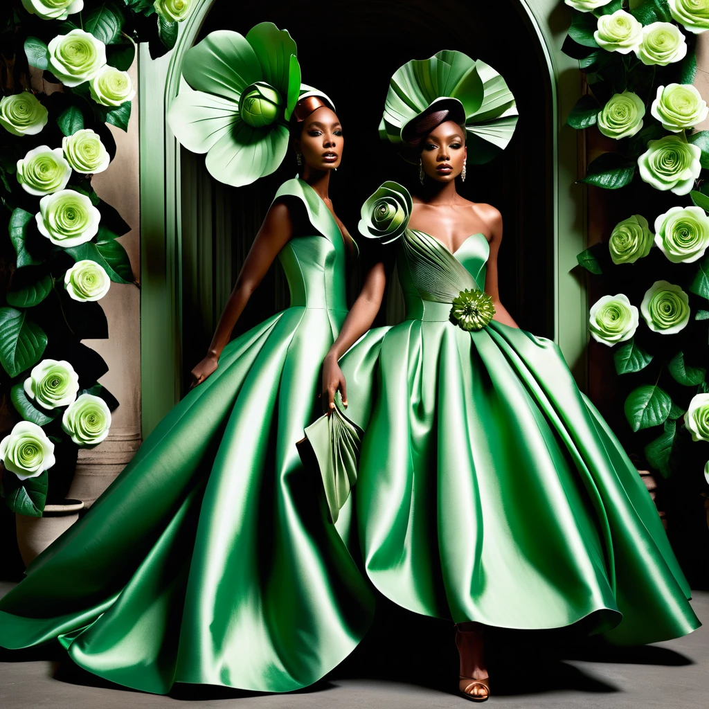 African American women in sculptural floral couture gowns