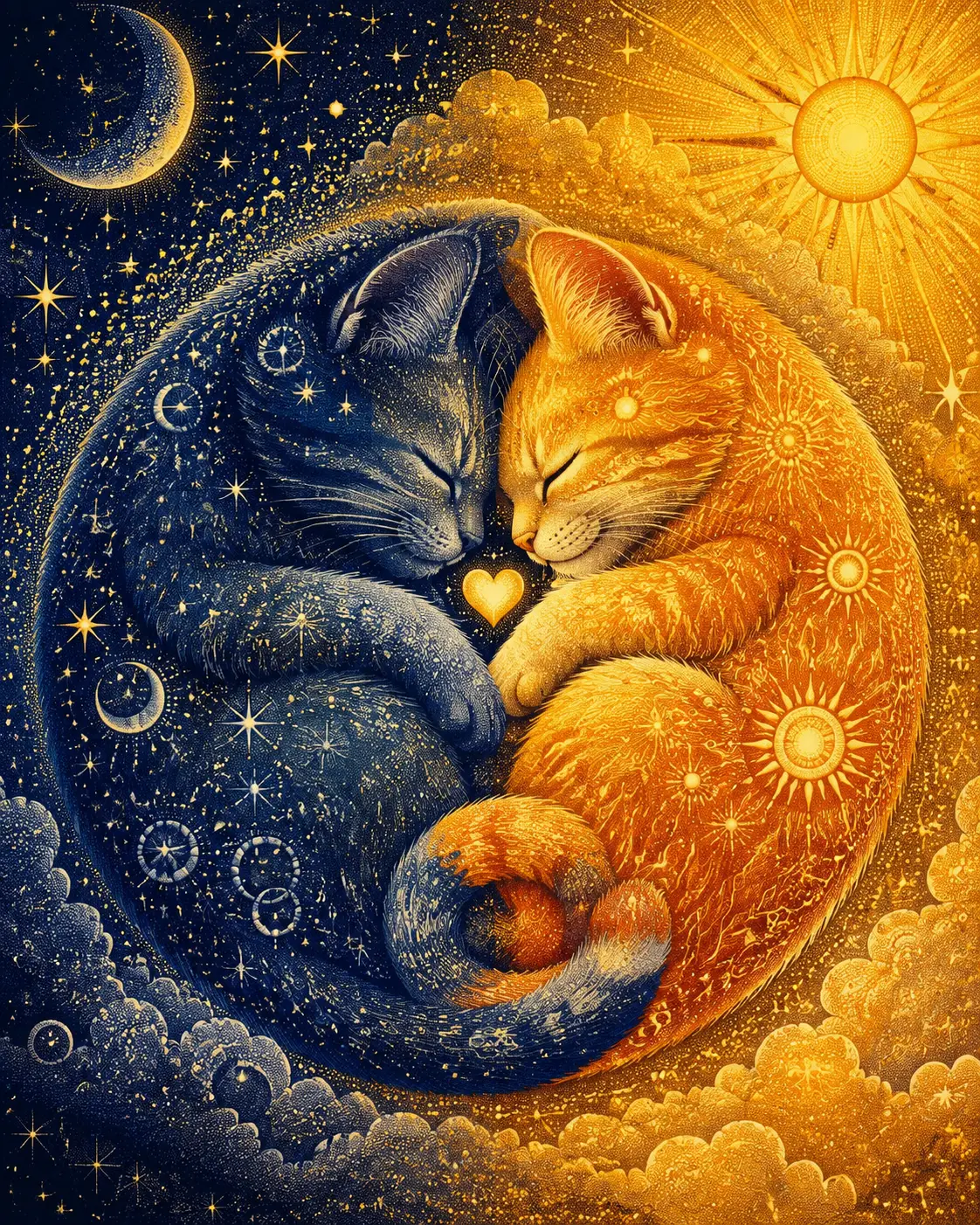 Celestial moon and sun kittens curled in a glowing circle