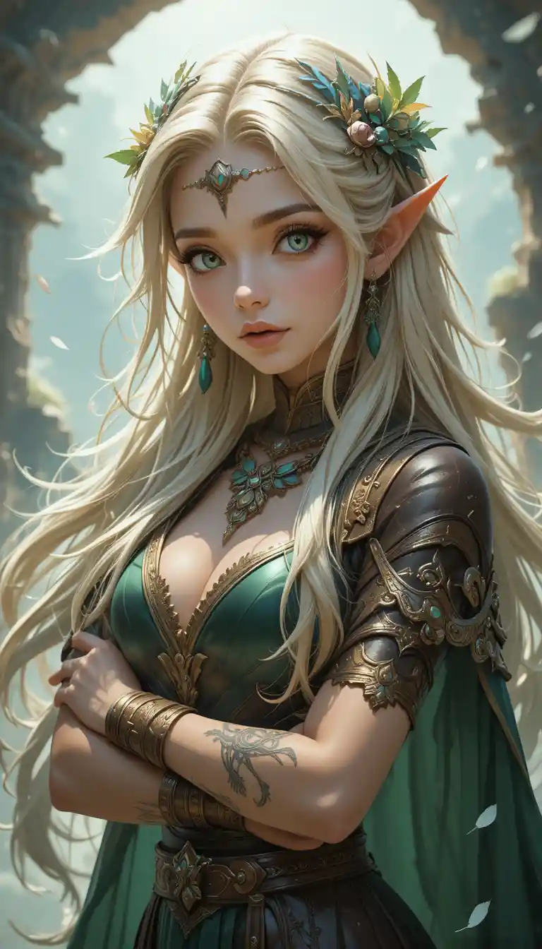 Elegant horned fantasy woman in anime forest attire