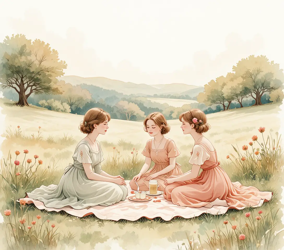 Watercolor picnic scene with people on a blanket