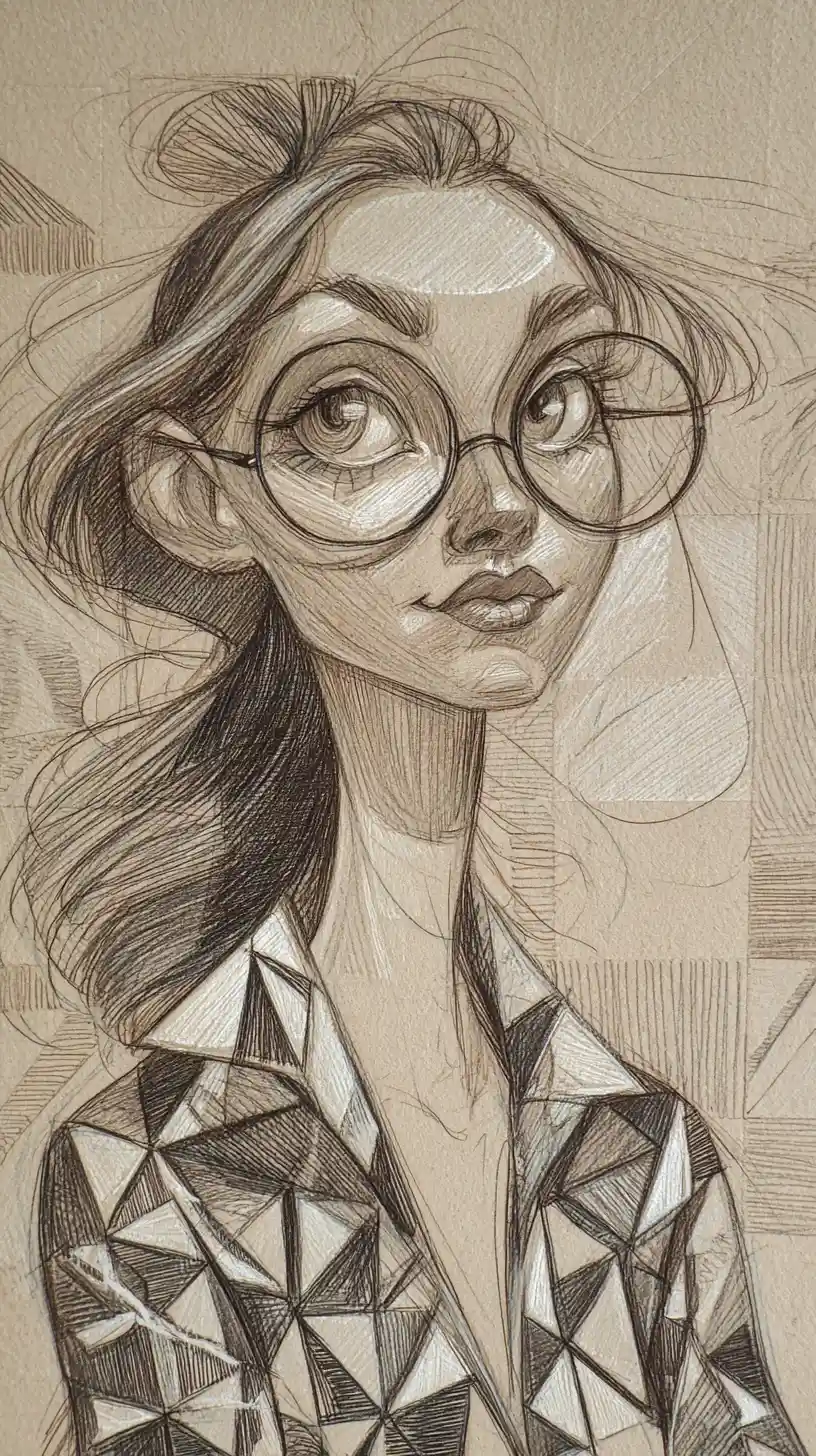 Retrato estilizado em grafite de uma garota com óculos grandes e redondos