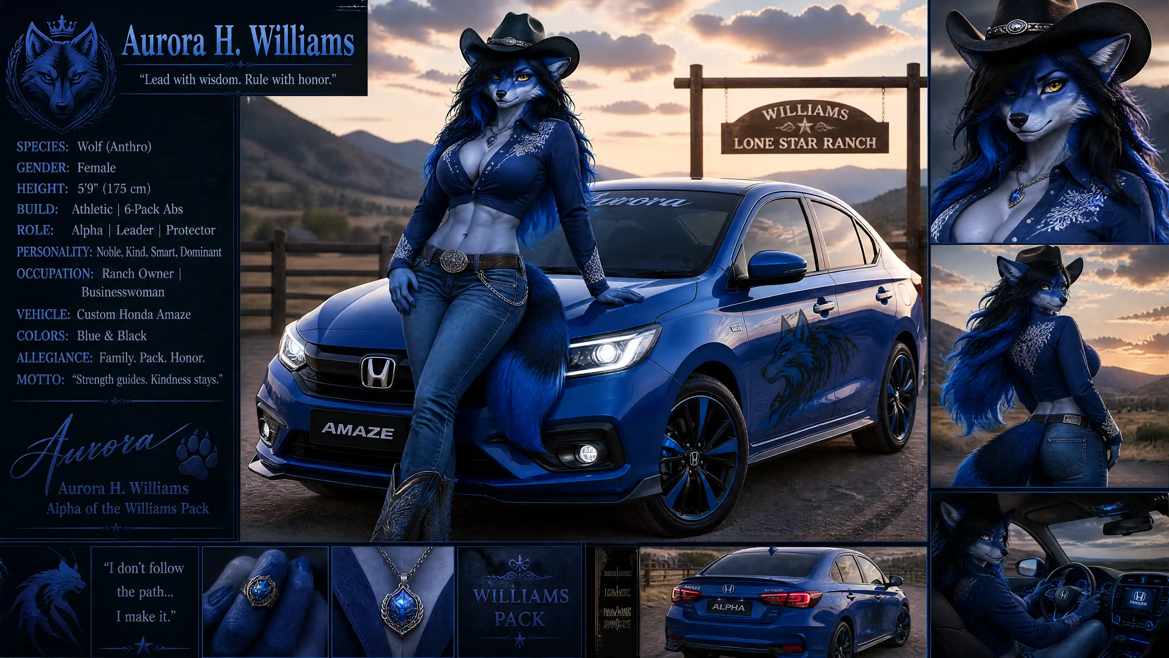 Anthro-Wölfin mit blauem Fell als Cowgirl, gelassen und selbstbewusst angelehnt