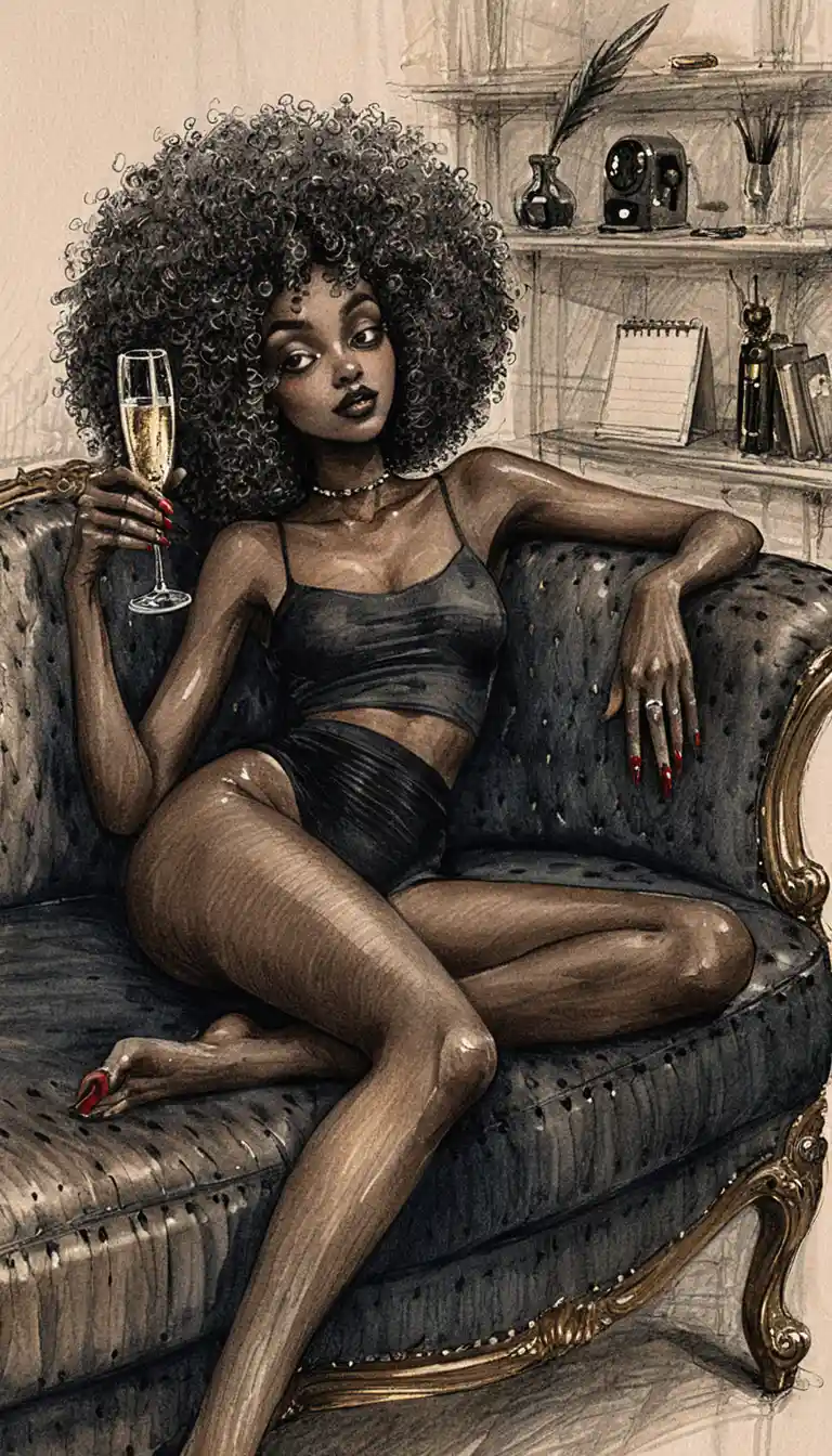 Illustration d’une femme noire détendue allongée sur un canapé sombre