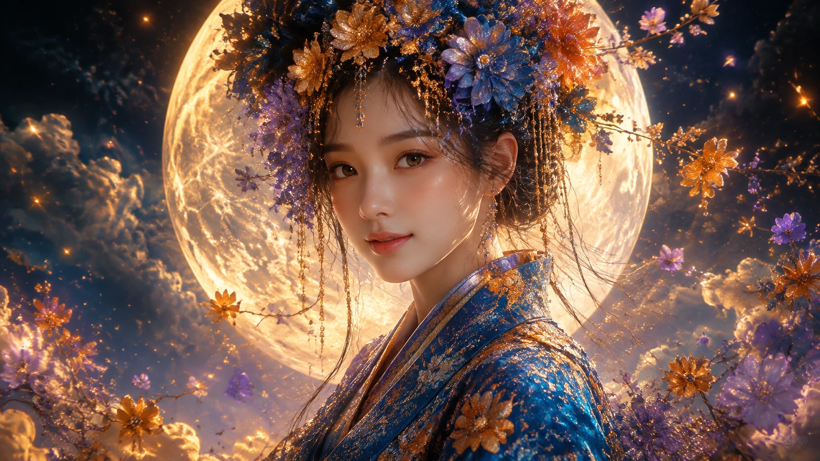 Mulher japonesa etérea diante de uma lua cheia luminosa