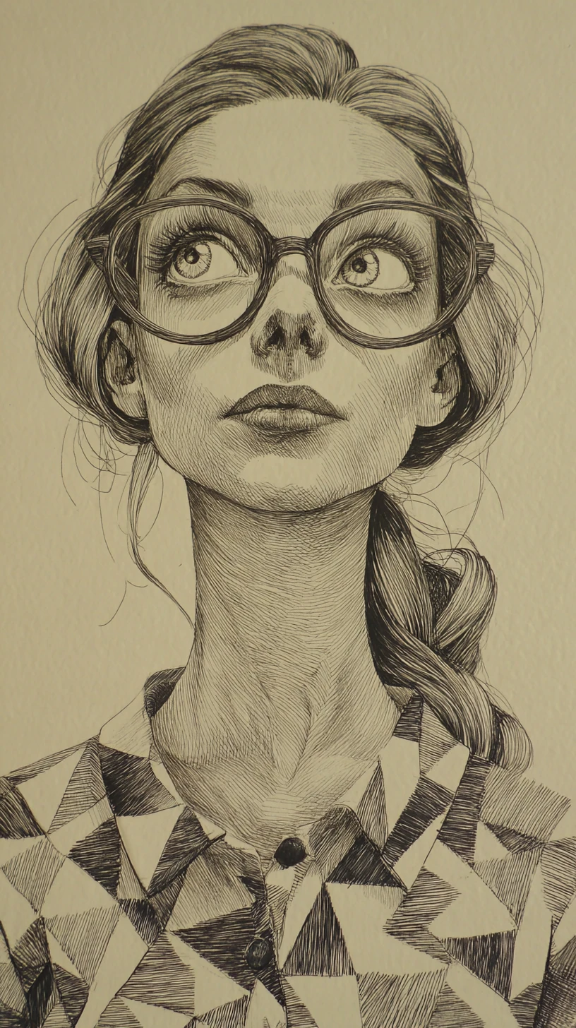 Stylized graphite portrait of a young woman with large glasses