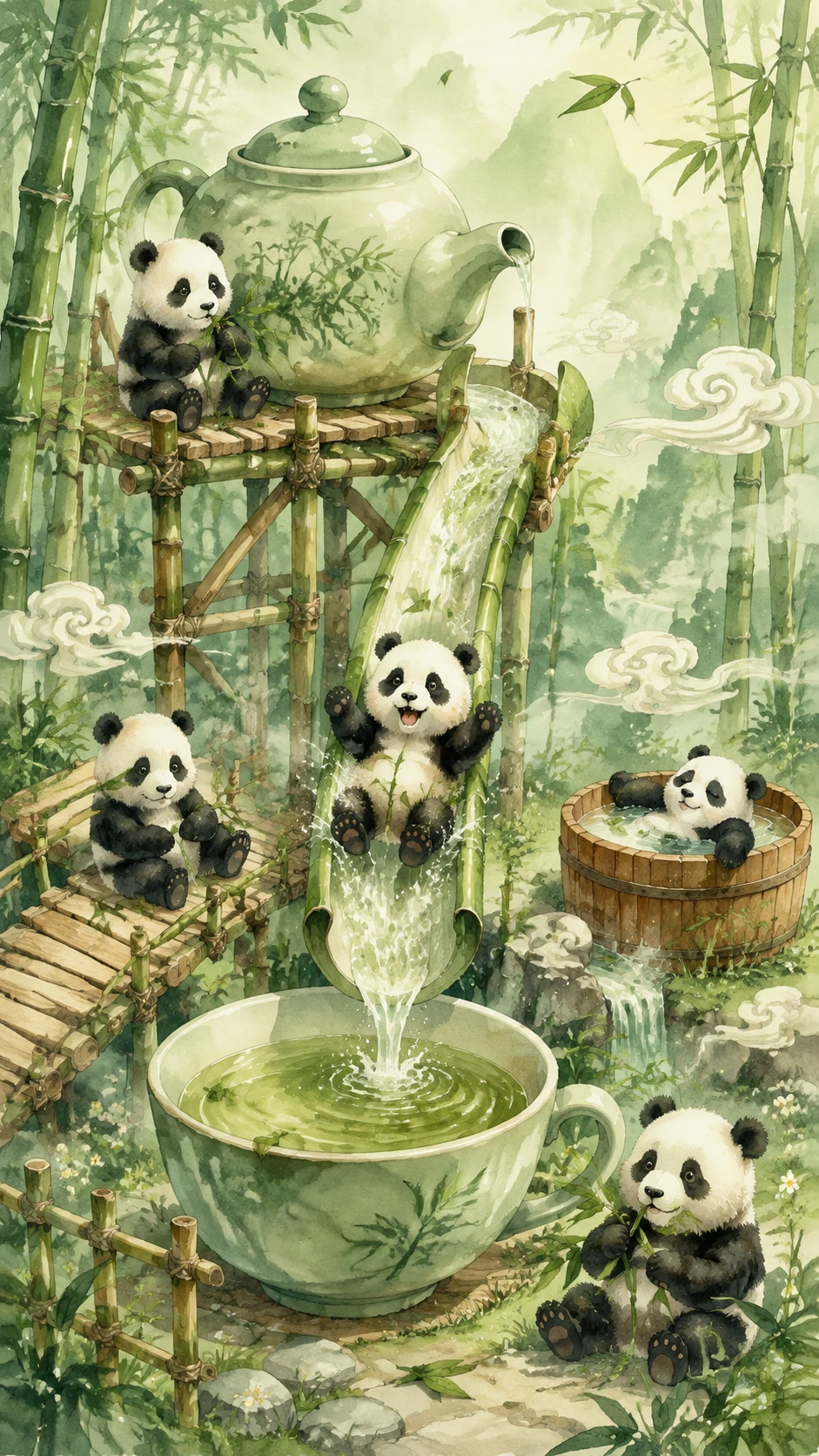 Cachorros de Panda Juguetones en un Parque de Juego con Tetera de Bambú