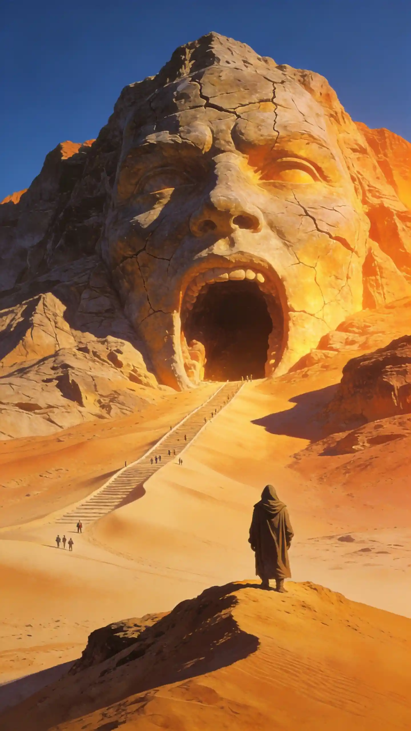 Colossal stone face entrance dominating a surreal desert