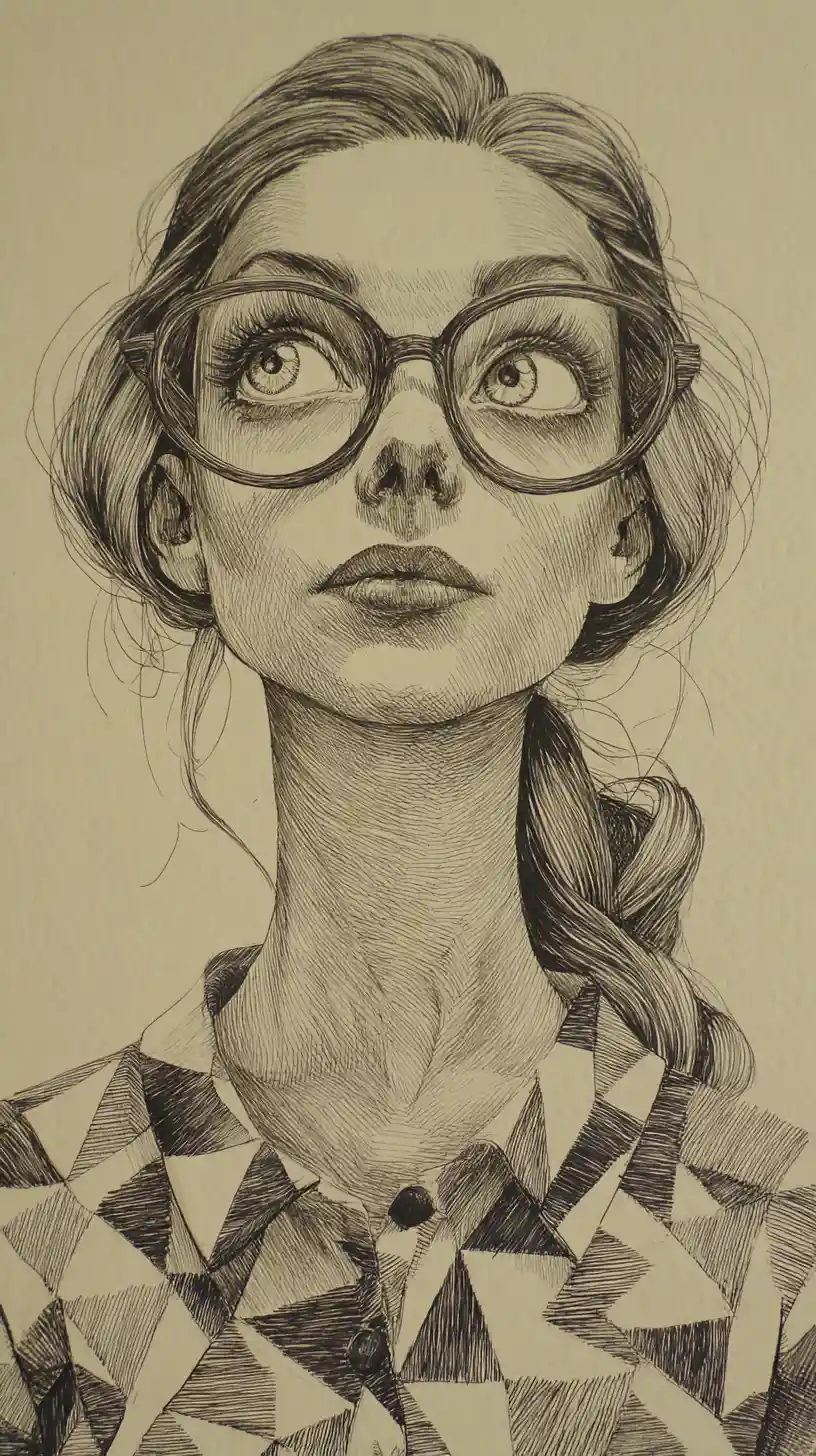 Stylized graphite portrait of a young woman with large glasses