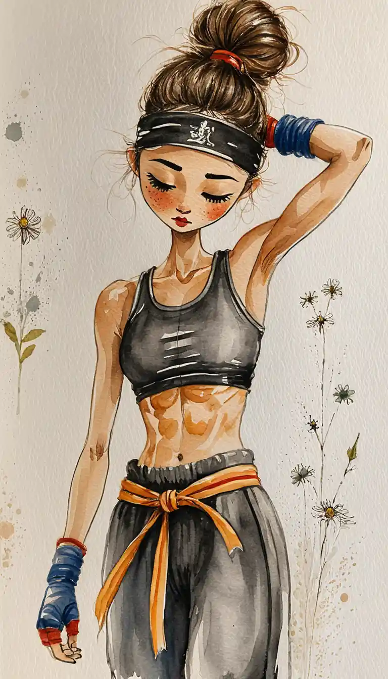 Mulher atlética com bandagens de boxe em ilustração em tinta e aquarela