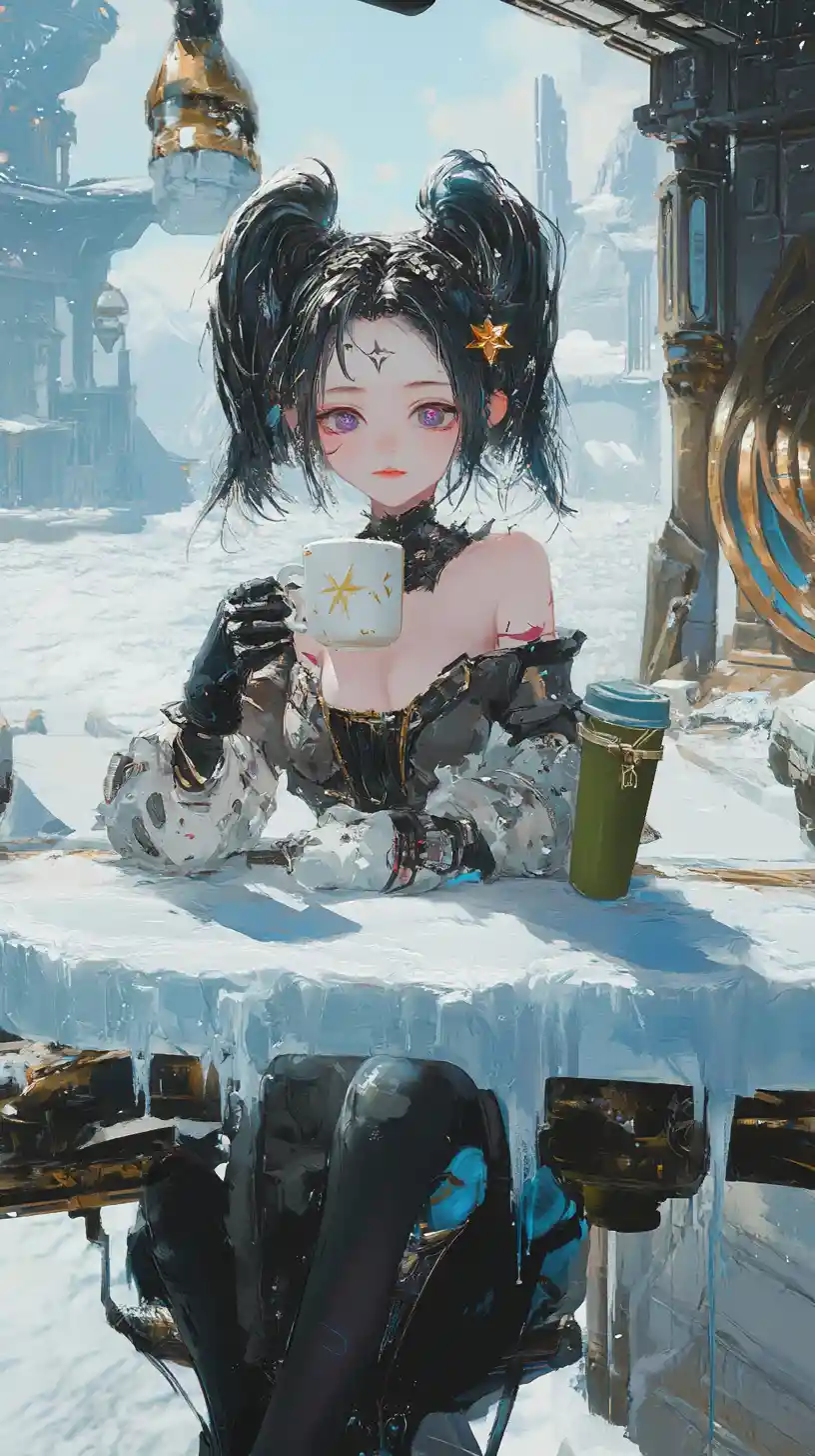 氷の黄金の邸宅のテーブルを狙うスナイパースコープの中の少女