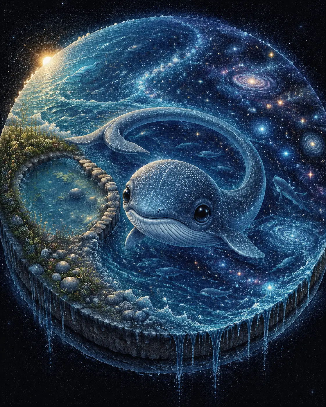 Baby whale swimming in a surreal circular ocean world