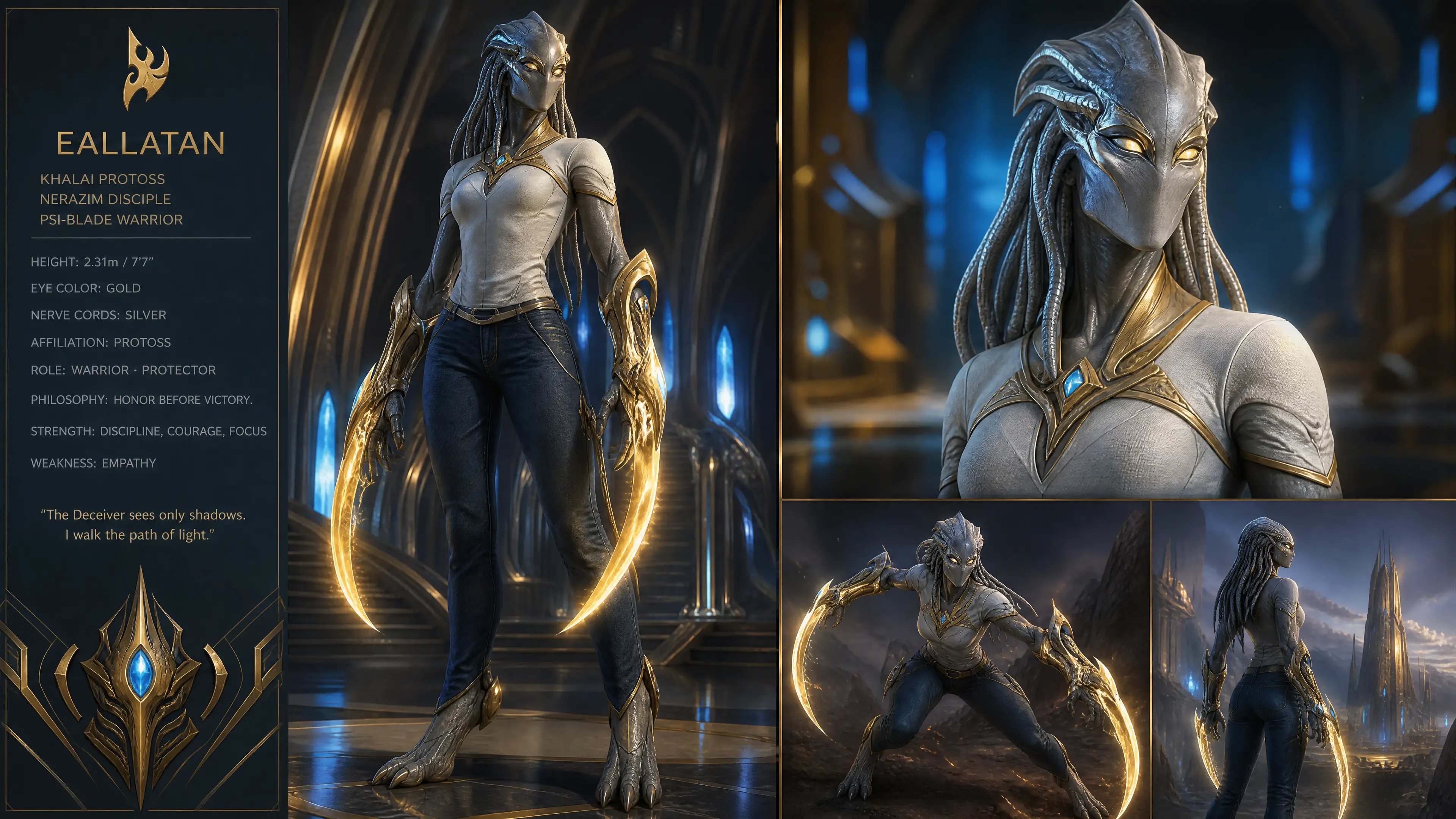 Tall female protoss warrior with glowing psionic eyes