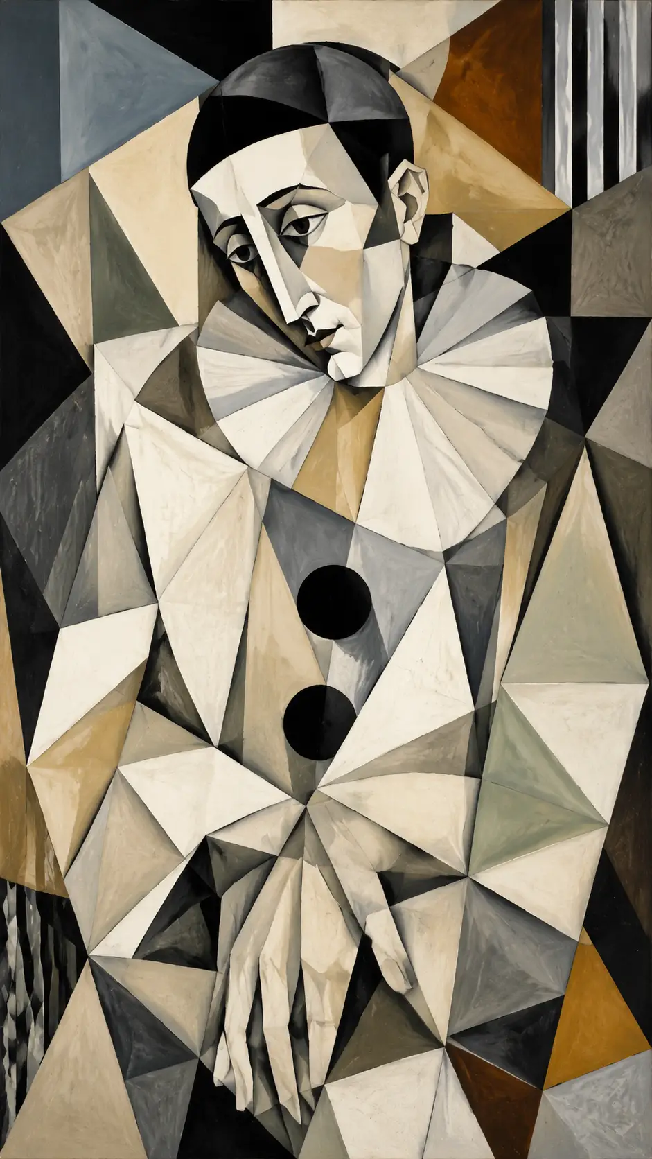 Cubist portrait of a playful pierrot in vibrant geometry