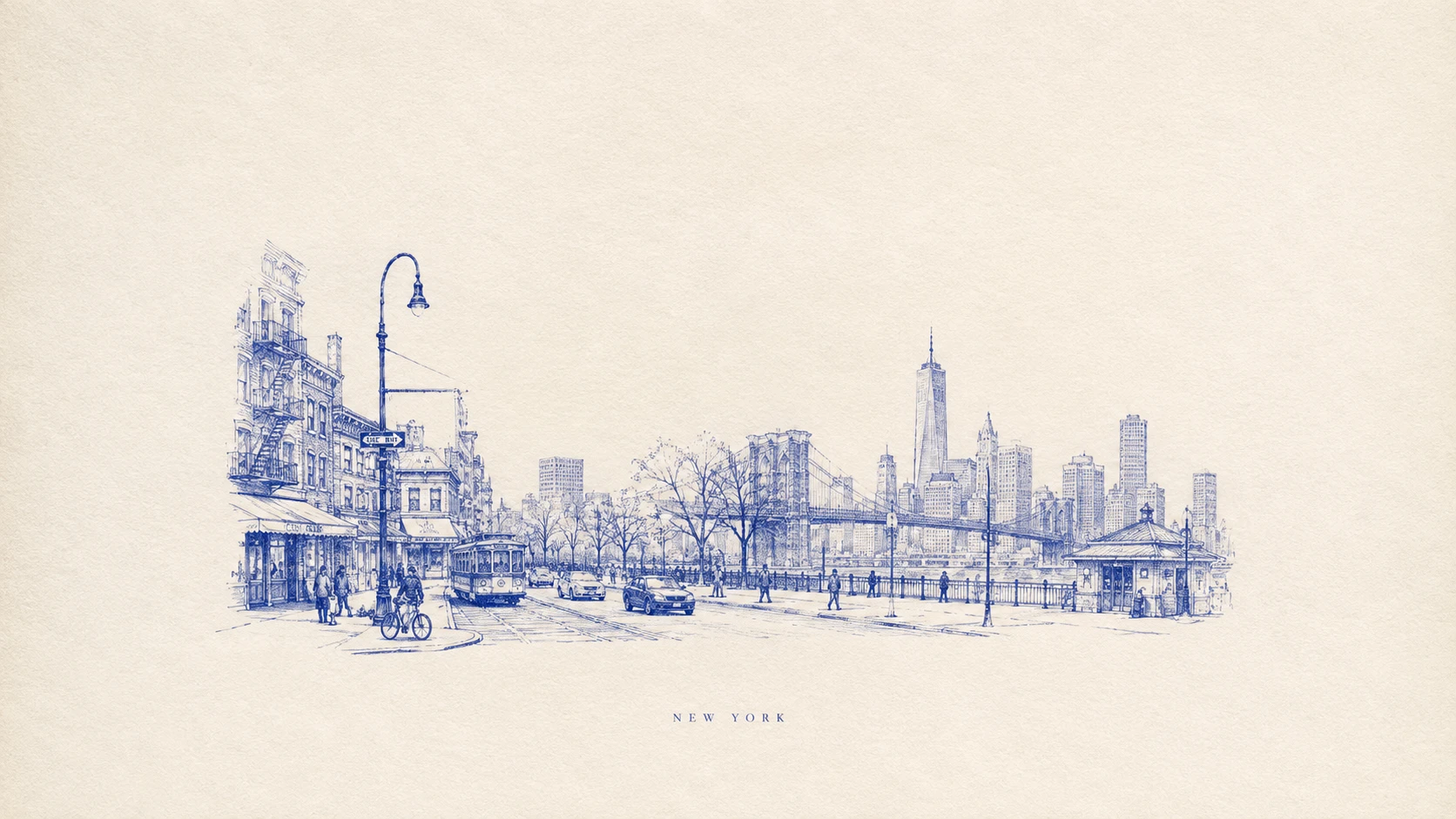Dessin minimaliste de la skyline architecturale de New York en bleu cobalt