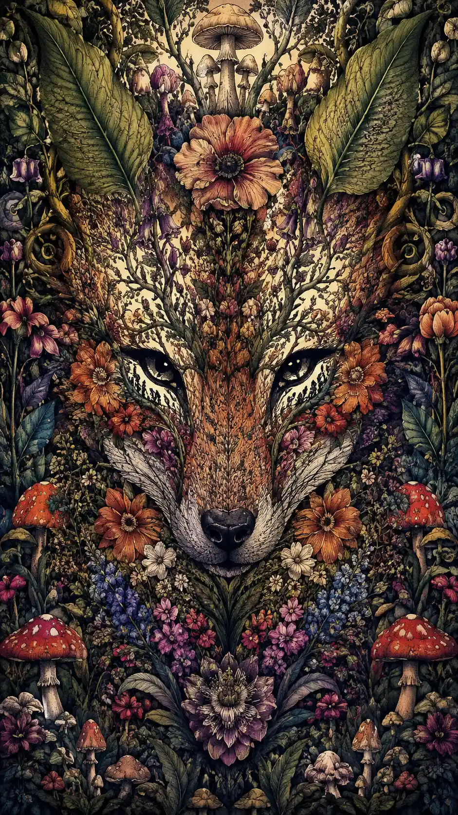Surreal botanical garden forming the face of a fox