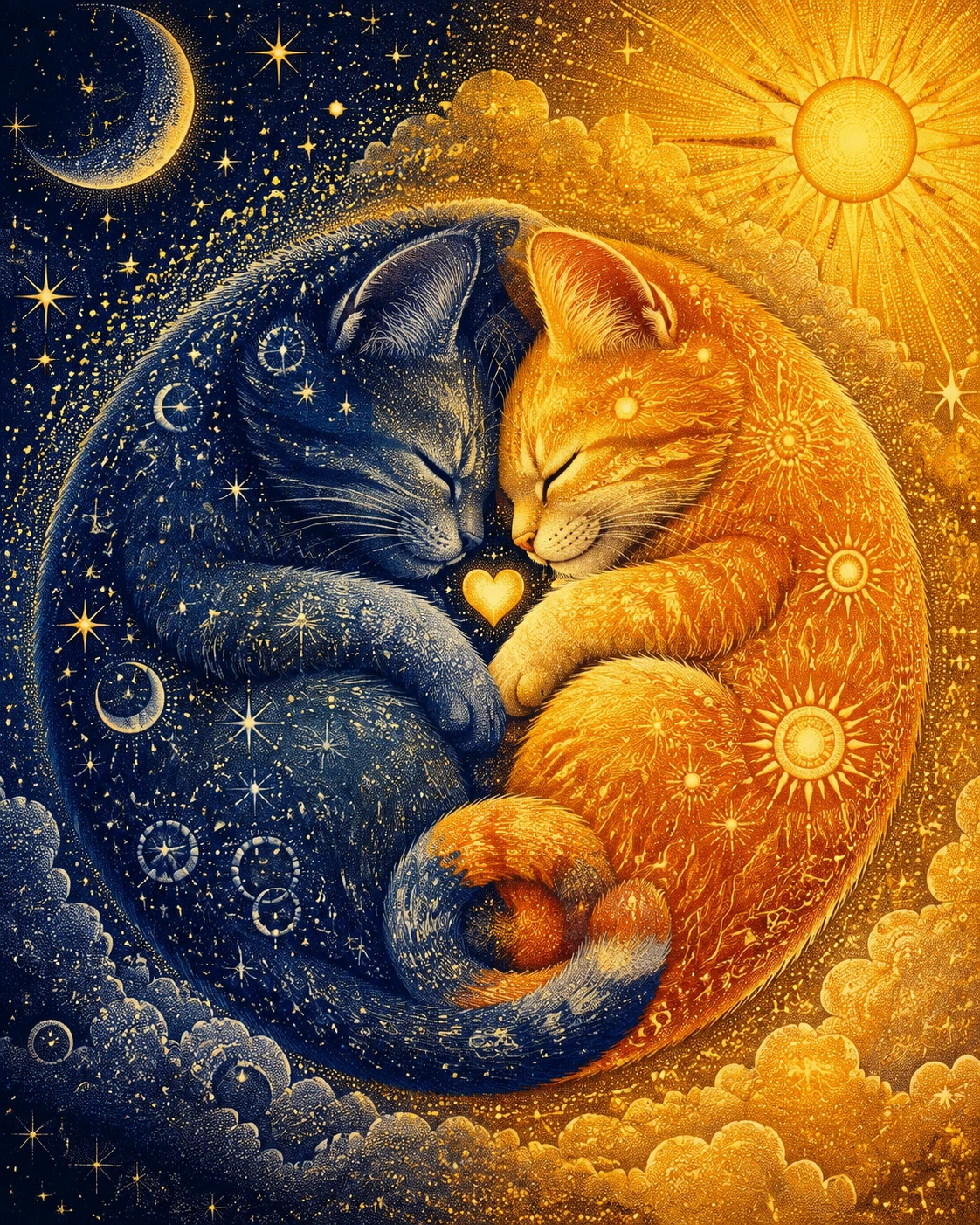 Chatons célestes de la lune et du soleil blottis en cercle lumineux
