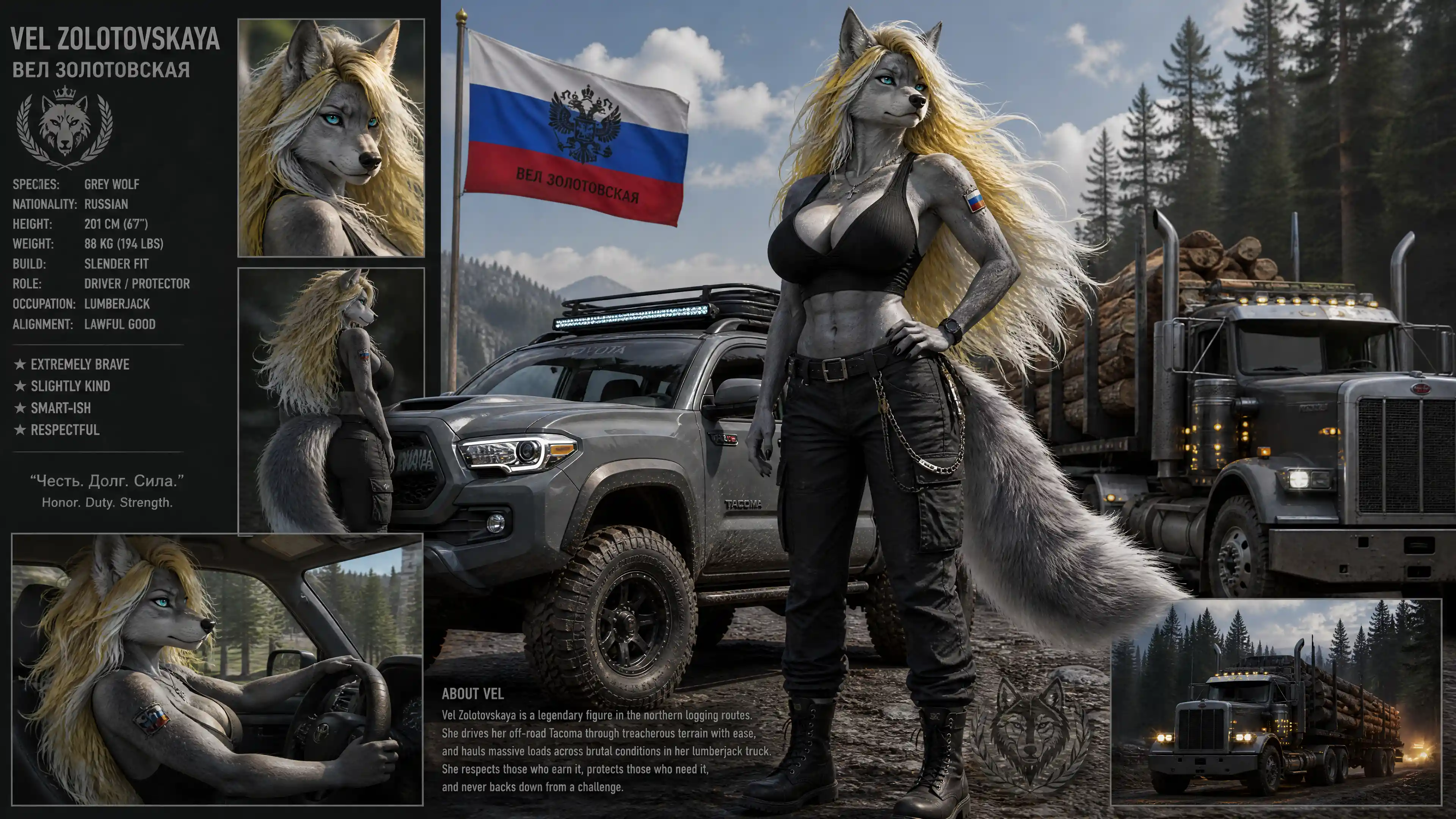 Grande femme loup grise anthropomorphe aux yeux cyan et aux longs cheveux