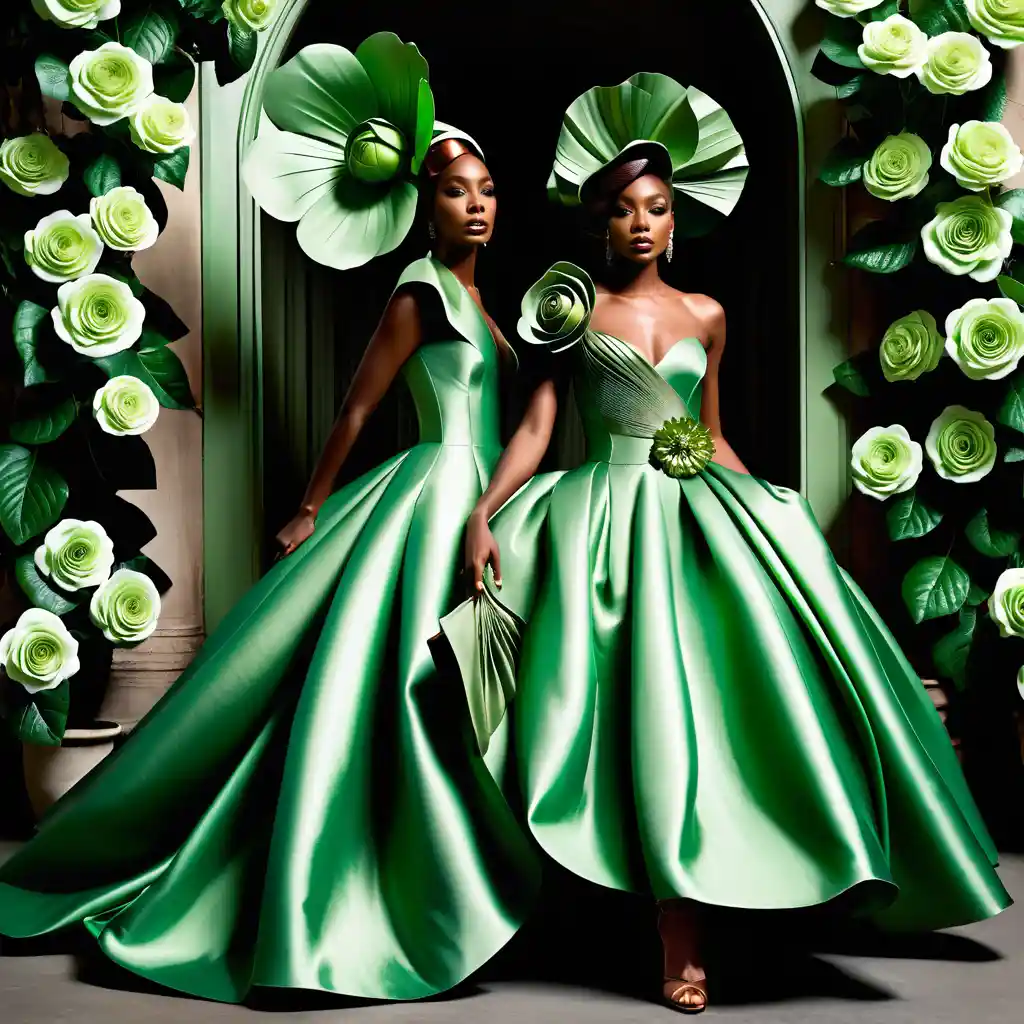 African American women in sculptural floral couture gowns