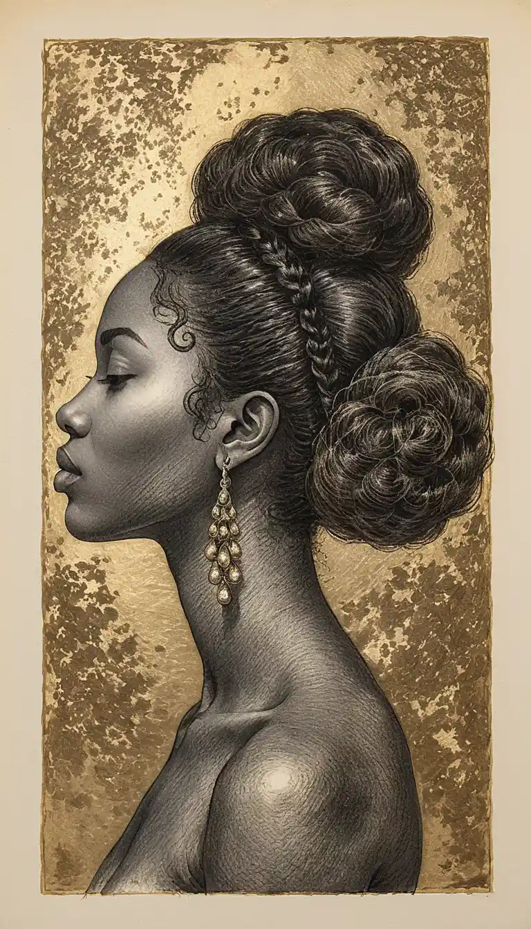 Retrato de perfil em carvão de uma mulher negra com cabelo escultural