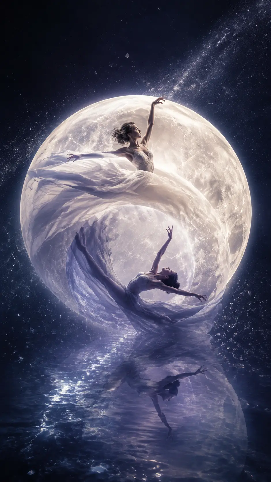 Two dancers mirrored against a glowing full moon