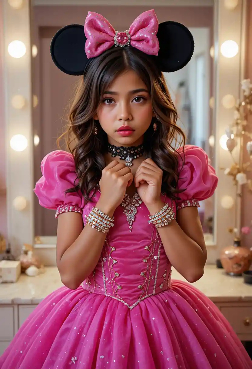 Menino em fantasia de princesa olhando para o próprio reflexo