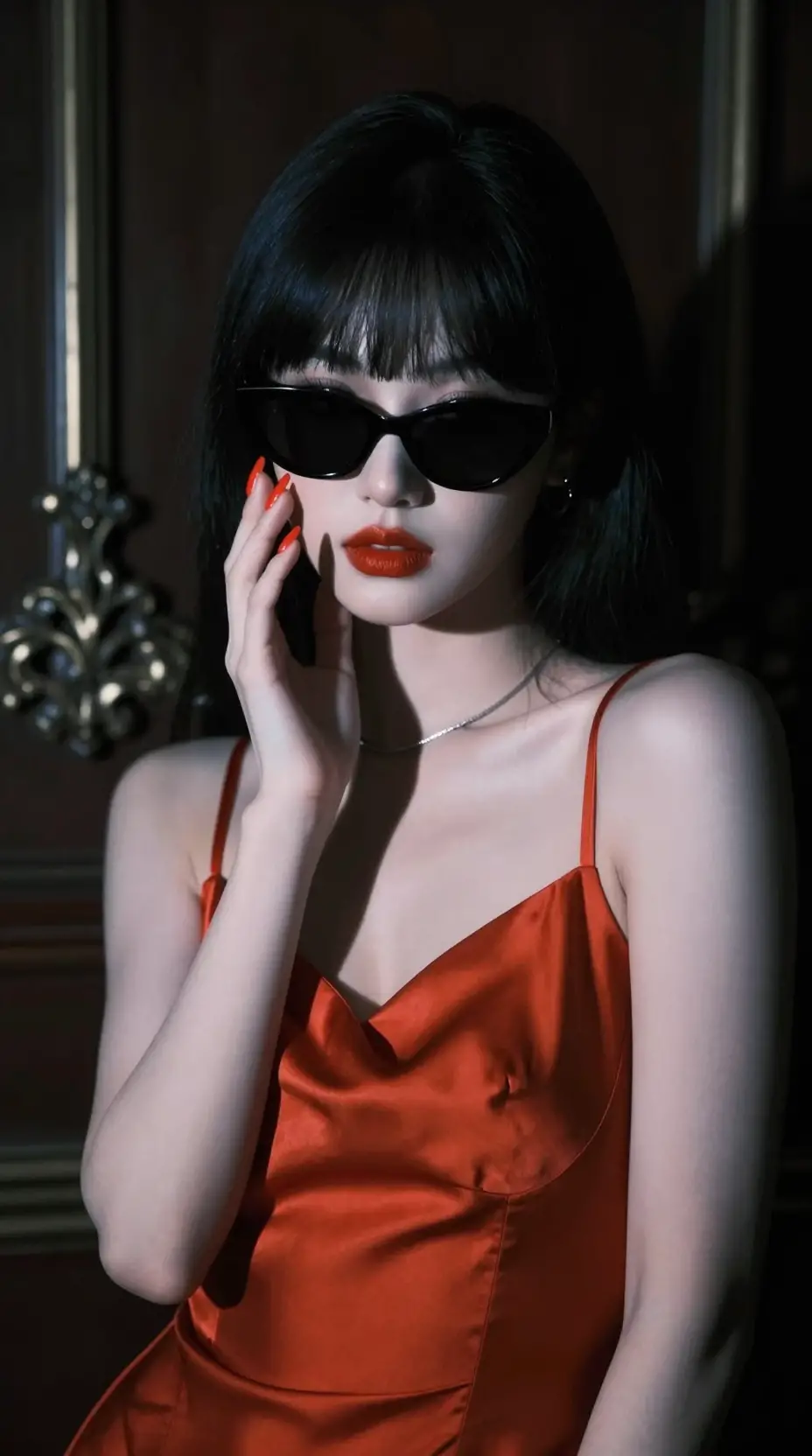 Mysterious young woman in sunglasses and satin camisole
