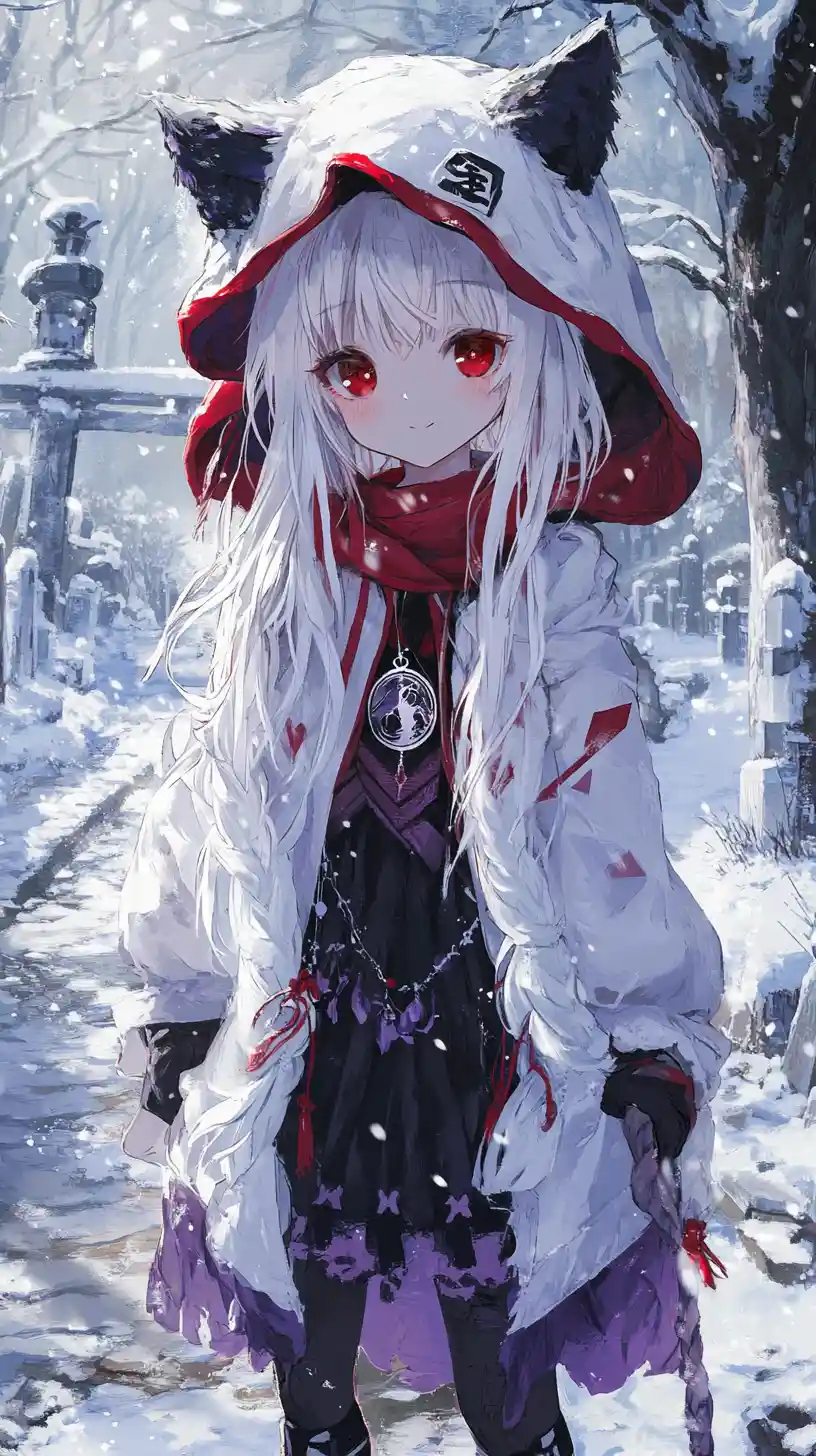 Ragazza anime con lungo cappotto bianco che cammina in un villaggio innevato