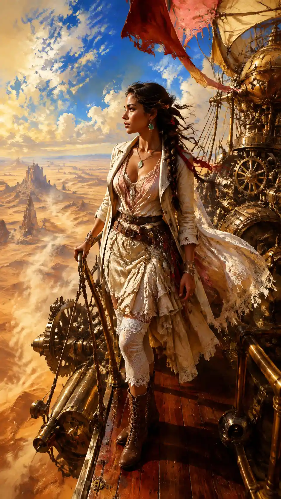 Brazilian woman on a flying steampunk caravan above desert