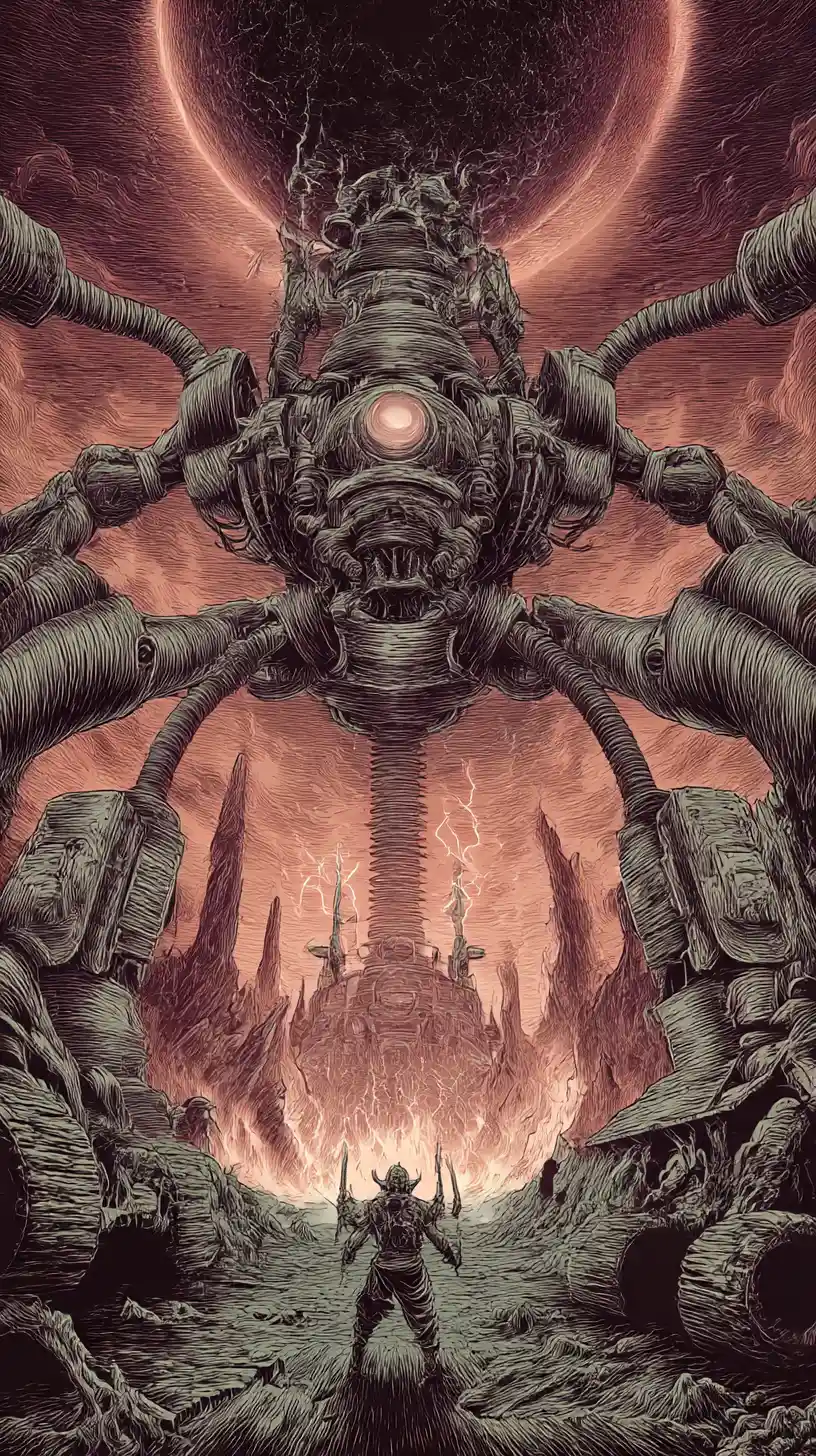 Homem lutando contra uma máquina colossal em um deserto surreal